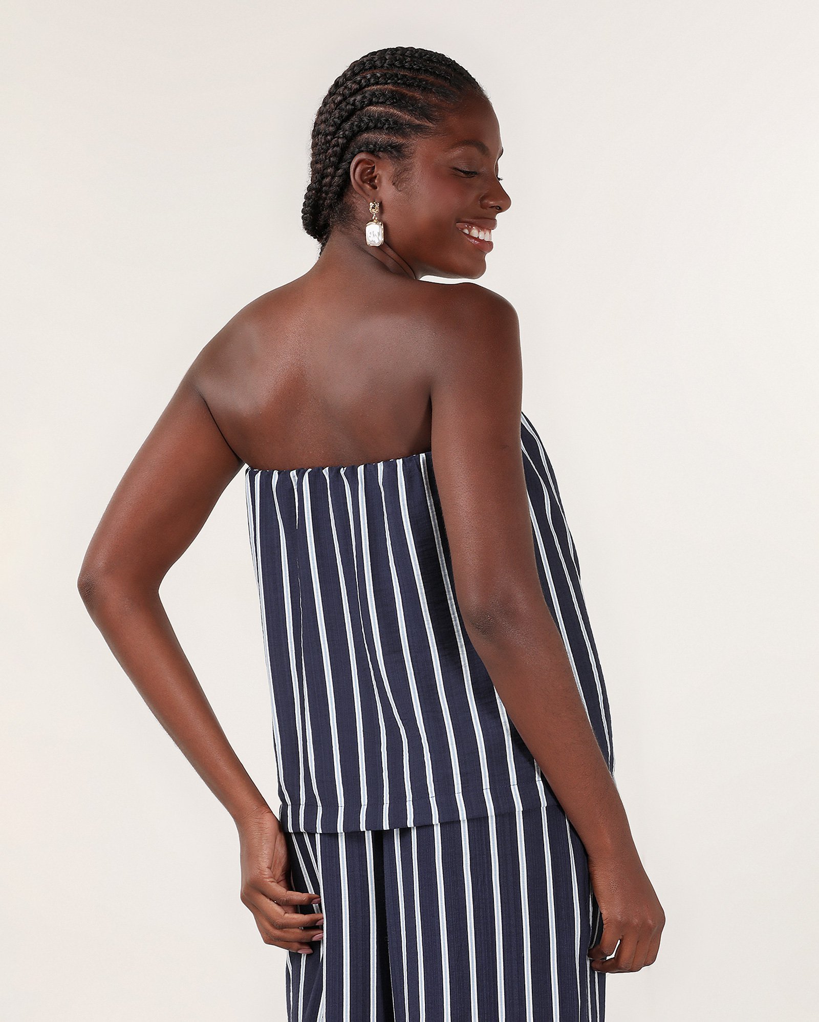 Top strapless viscose listrado - Azul Escuro — foto 2