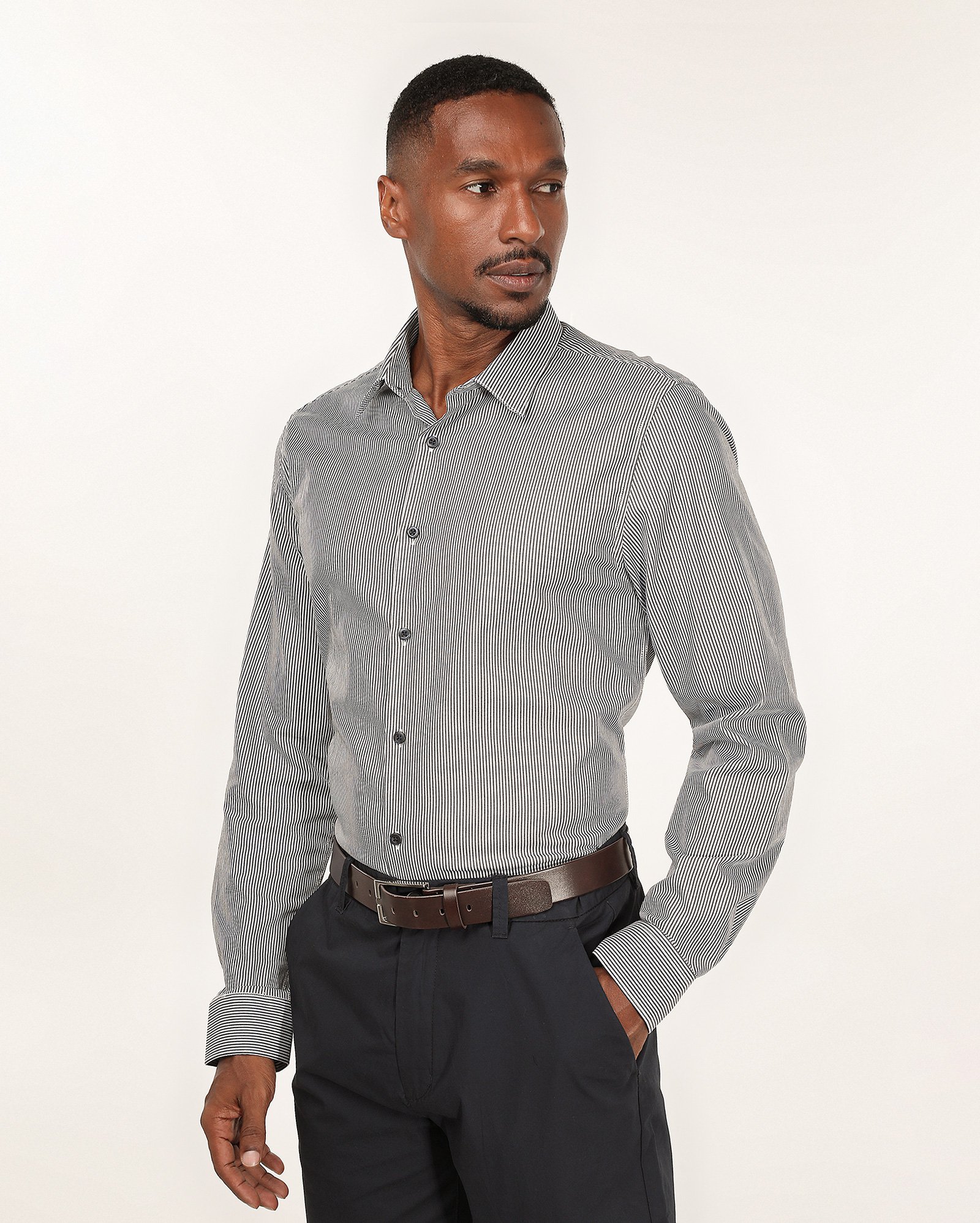 Camisa social masculina super slim listrada azul