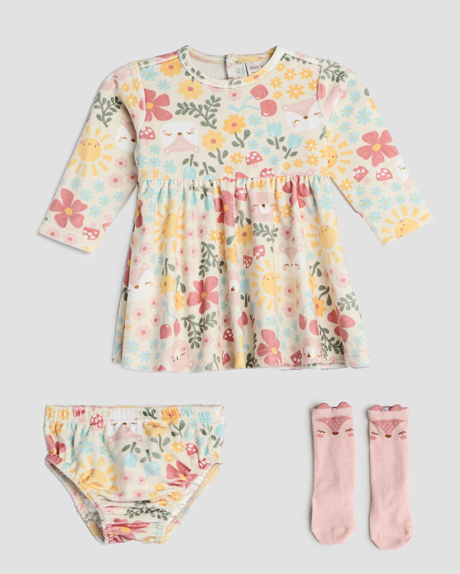 Vestido bebê floral e bichinhos + calcinha e meia multicor  | Baby Way