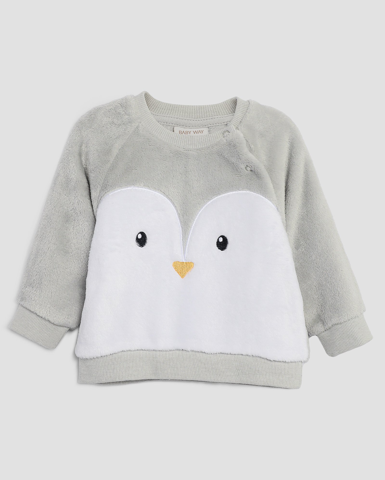 Blusa bebê raglan fleece pinguim cinza | Baby Way