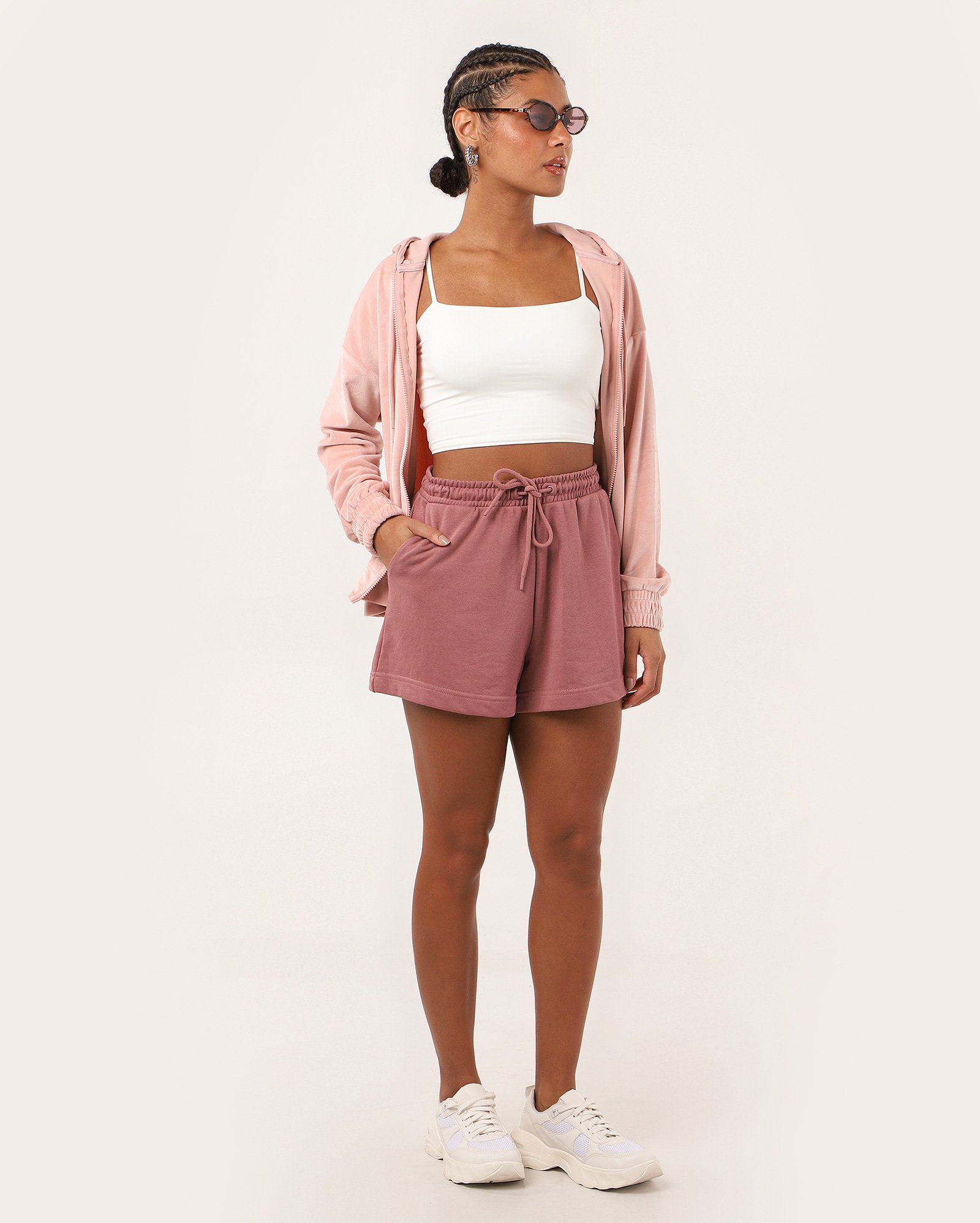 Blusa de moletom feminina com capuz Zoe veludo rosa | Pool Basics