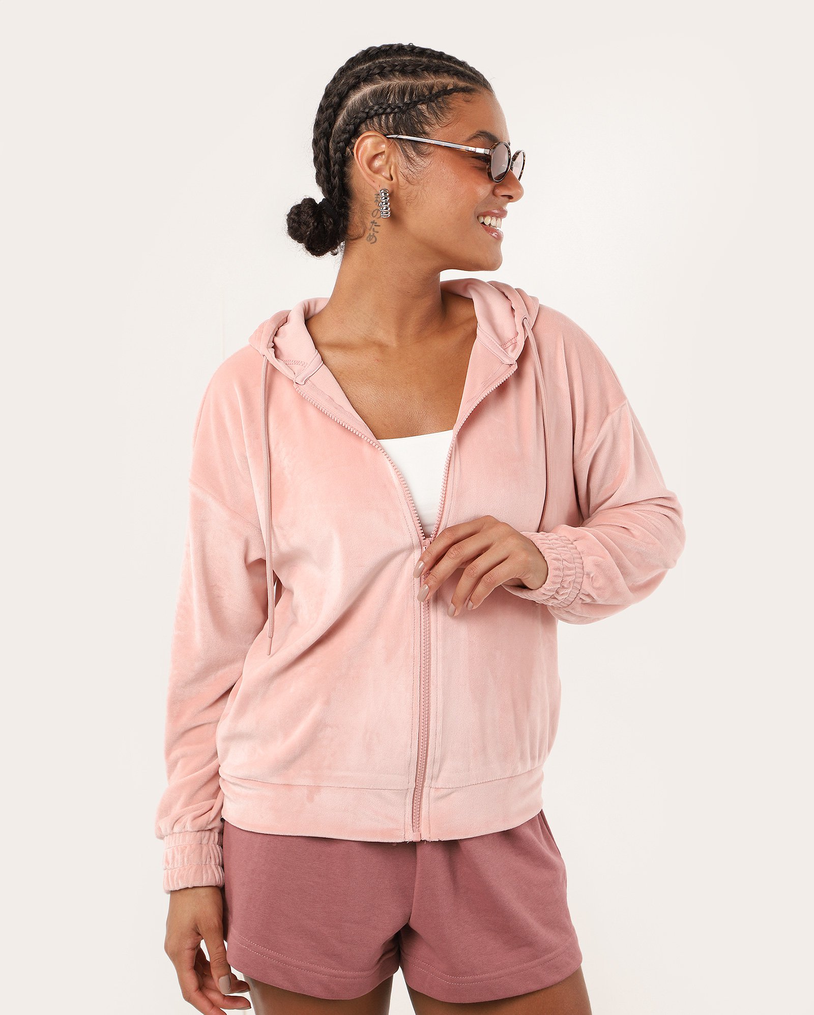 Blusa de moletom feminina com capuz Zoe veludo rosa | Pool Basics