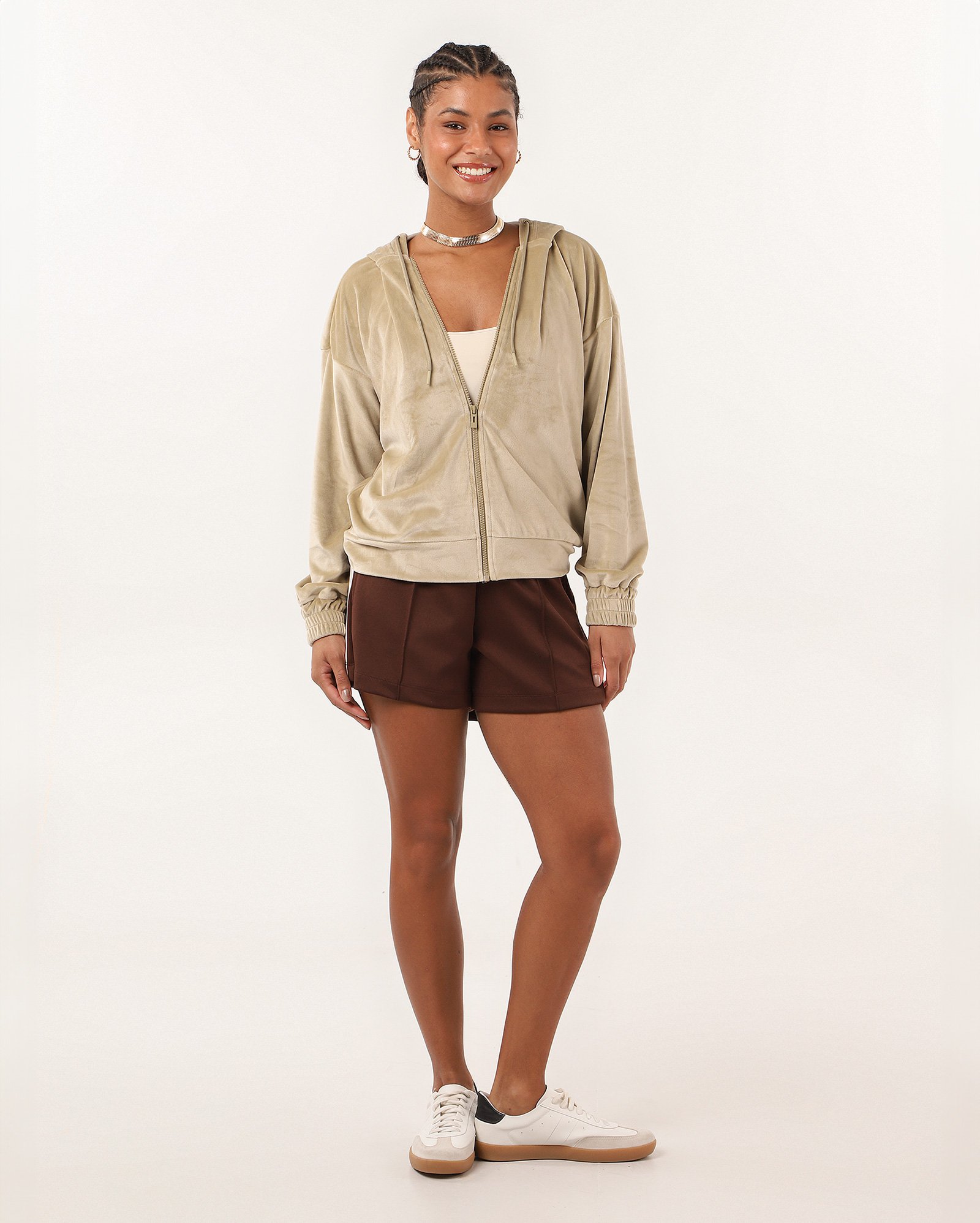 Blusa de moletom feminina com capuz Zoe veludo verde | Pool Basics