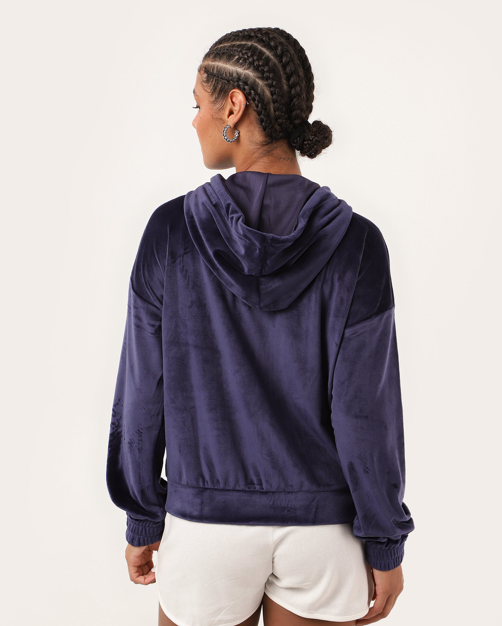 Blusa de moletom feminina com capuz Zoe veludo azul | Pool Basics
