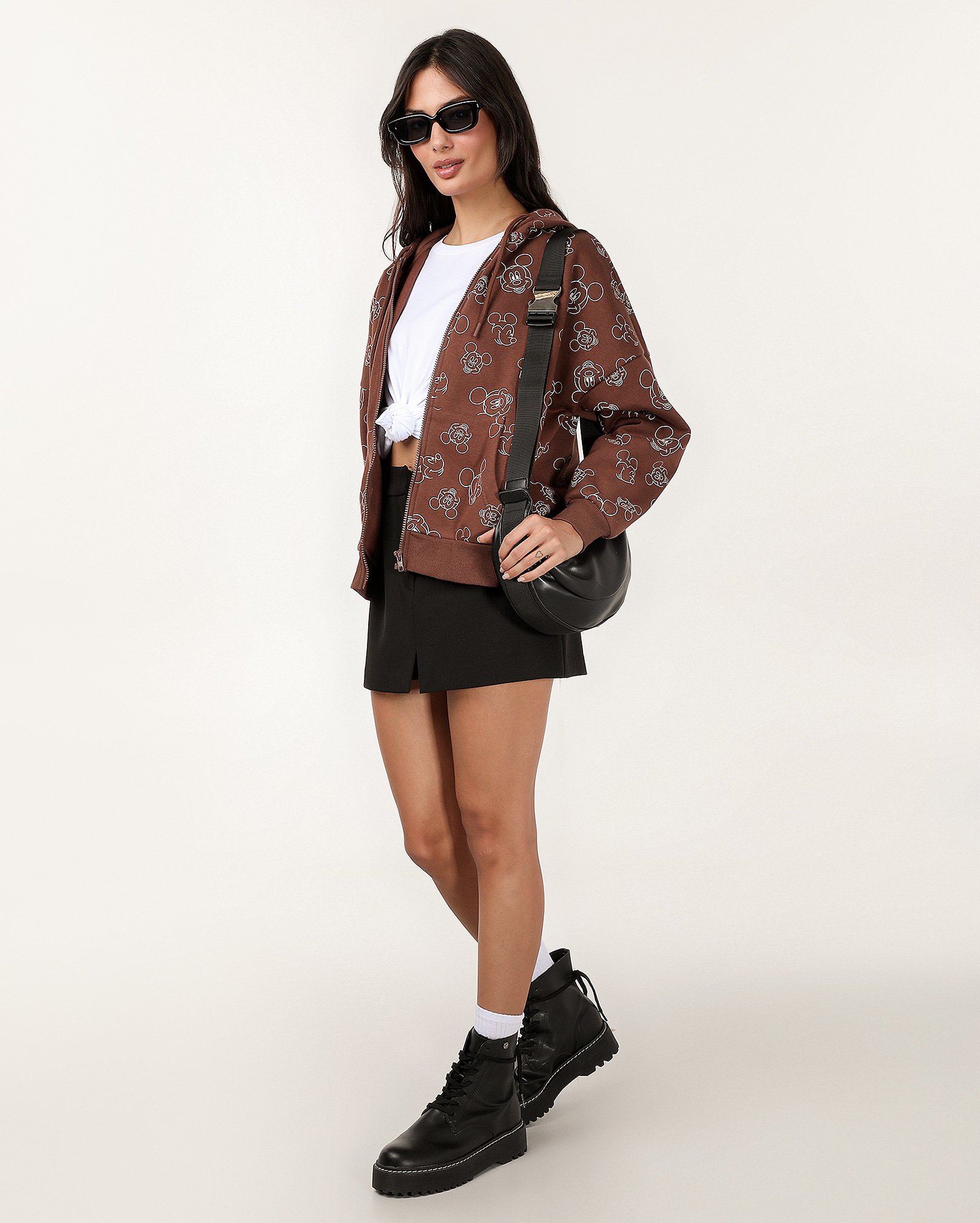 Blusa de moletom feminina com capuz e felpa Mickey Mouse marrom | Disney