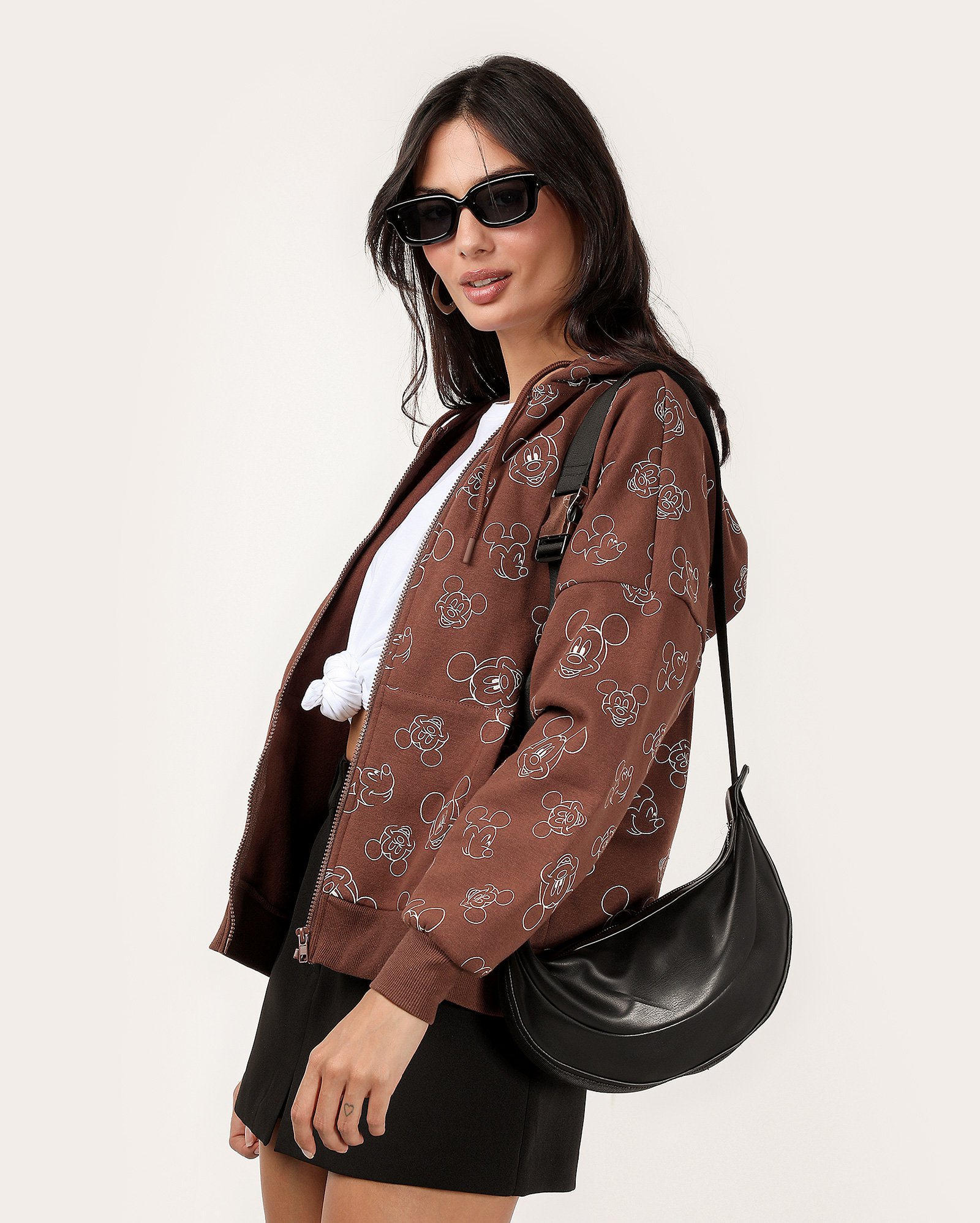 Blusa de moletom feminina com capuz e felpa Mickey Mouse marrom | Disney