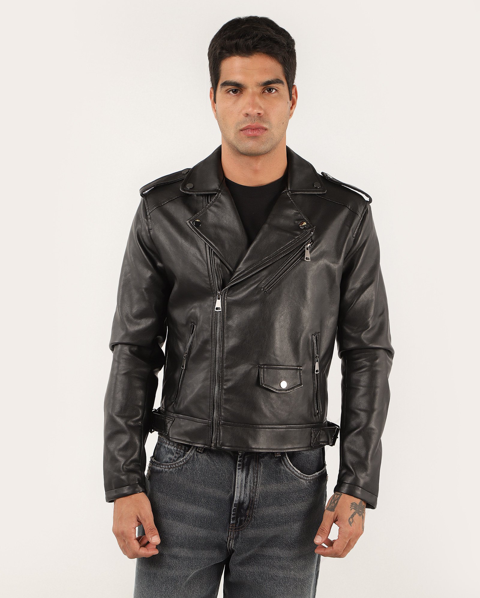 Riachuelo Jaqueta masculina biker em poliuretano preta Pool