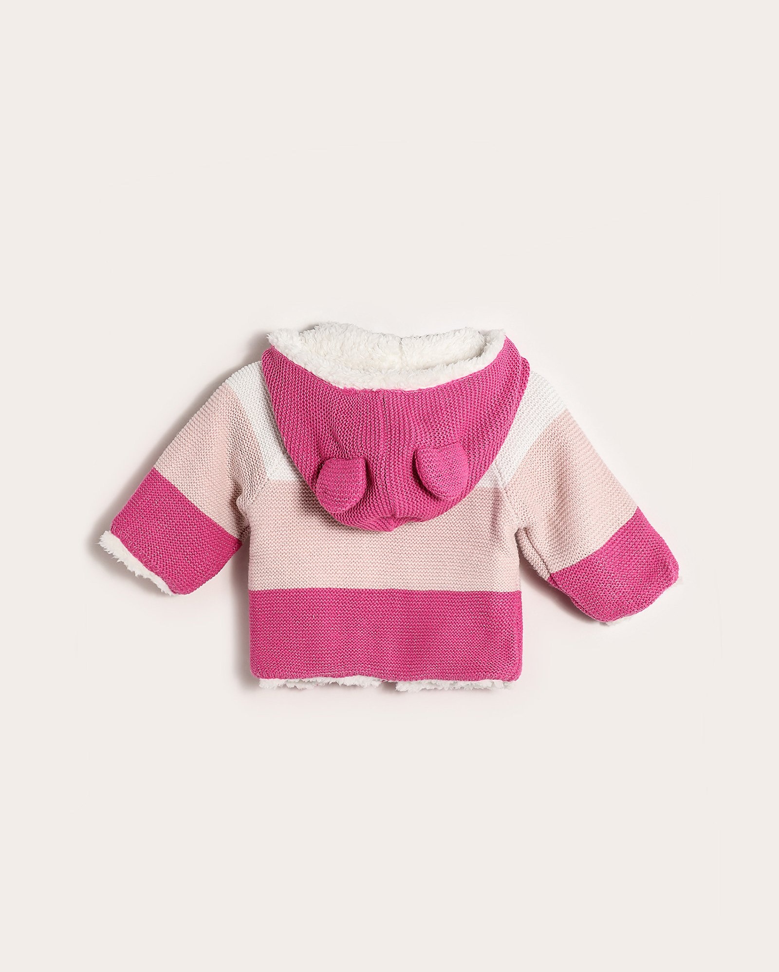 Casaco bebê de tricot raglan com capuz orelhinhas listrado multicor | Baby Way
