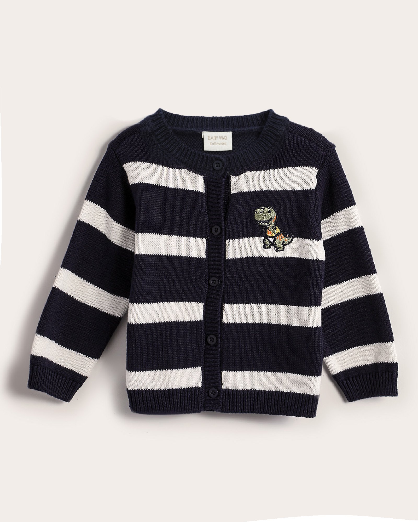 Cardigan bebê tricot listras com botões dinossauro azul | Baby Way