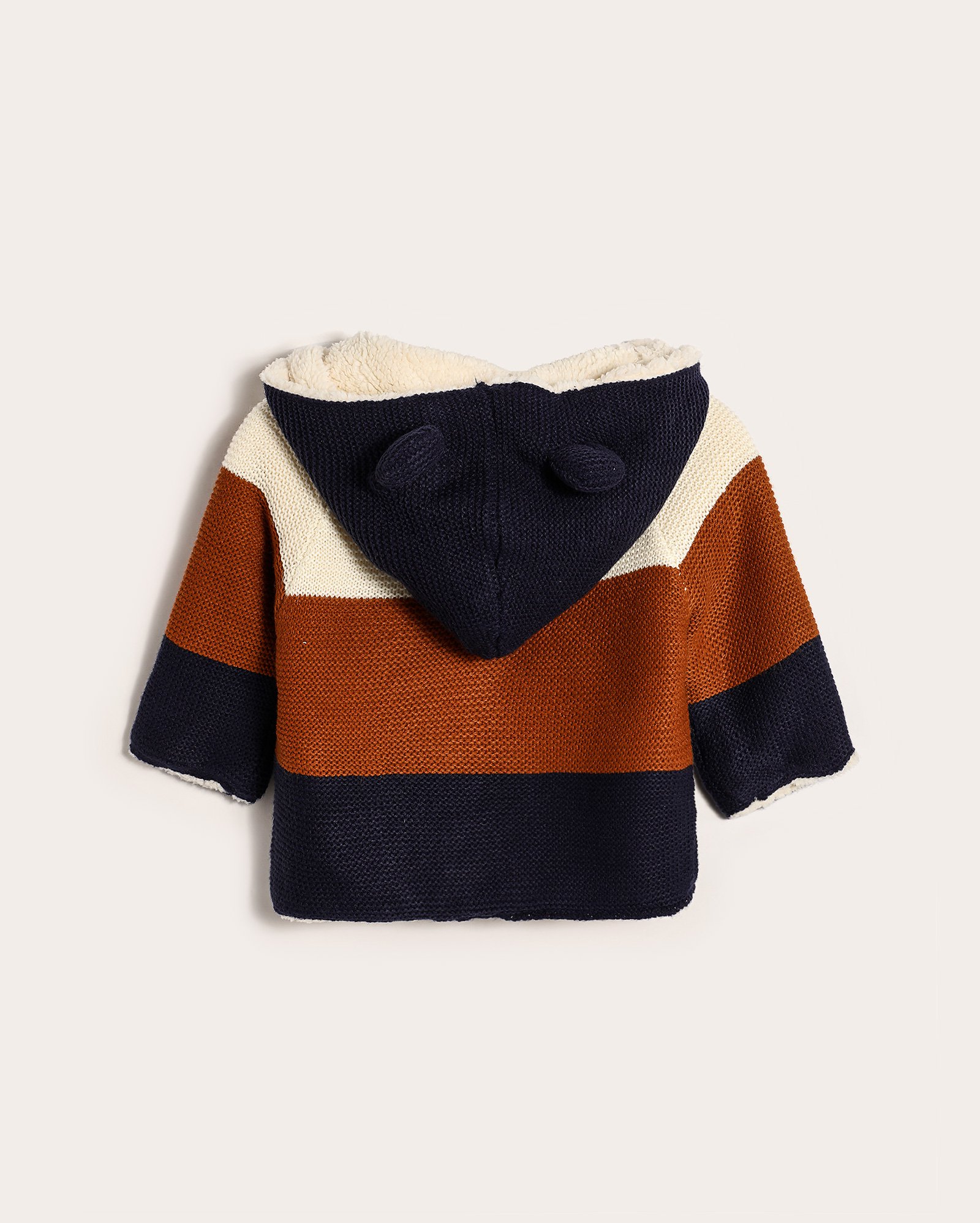 Casaco bebê de tricot raglan com capuz orelhinhas listrado multicor | Baby Way