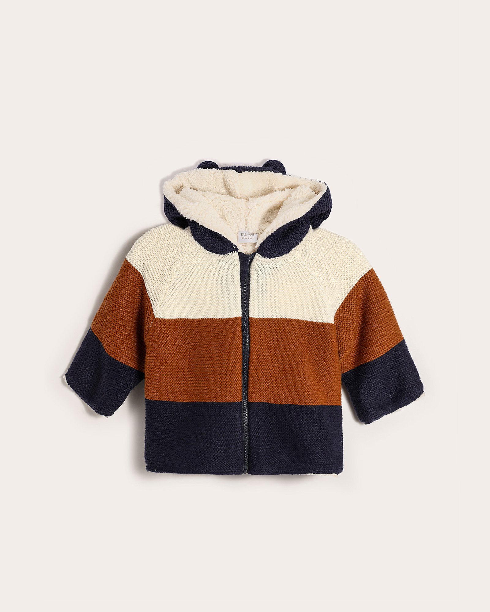 Casaco bebê de tricot raglan com capuz orelhinhas listrado multicor | Baby Way