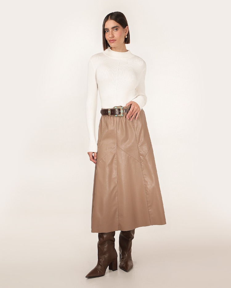 Riachuelo Saia midi evasê de poliuretano com nervuras Bege