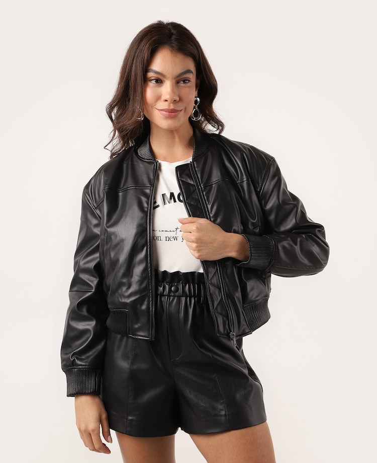 Jaqueta Couro Feminina Jaqueta Bomber Feminina Preta Riachuelo