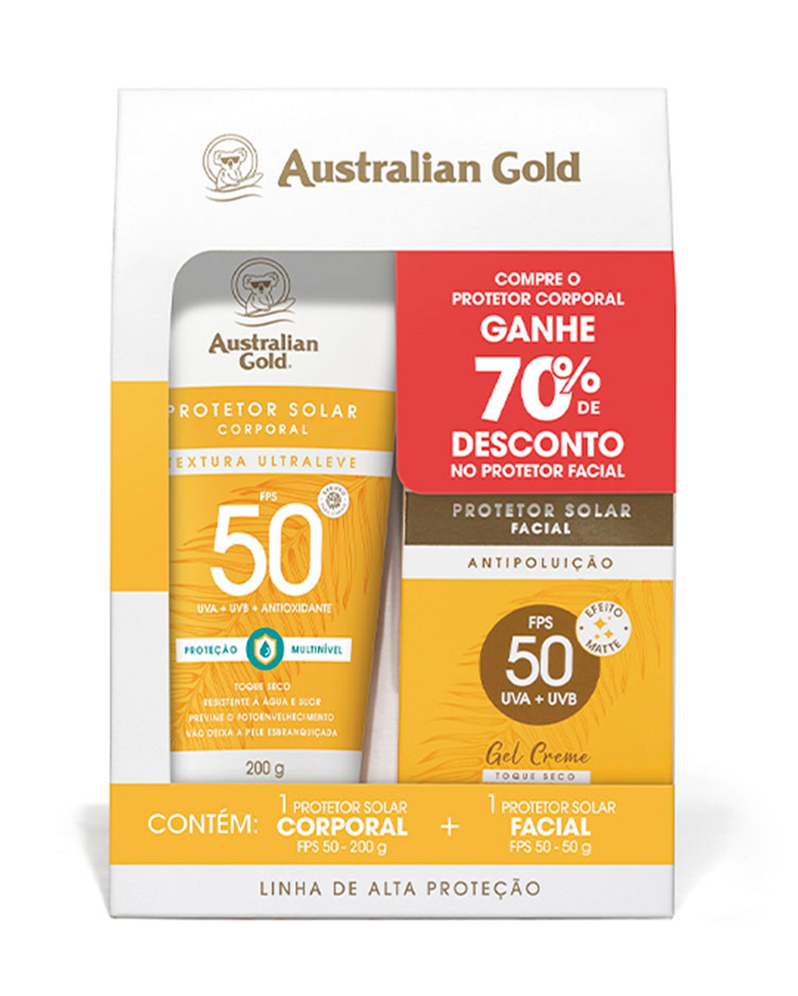 Kit protetor solar corporal alta proteção 200g + facial FPS 50 50g | Australian Gold