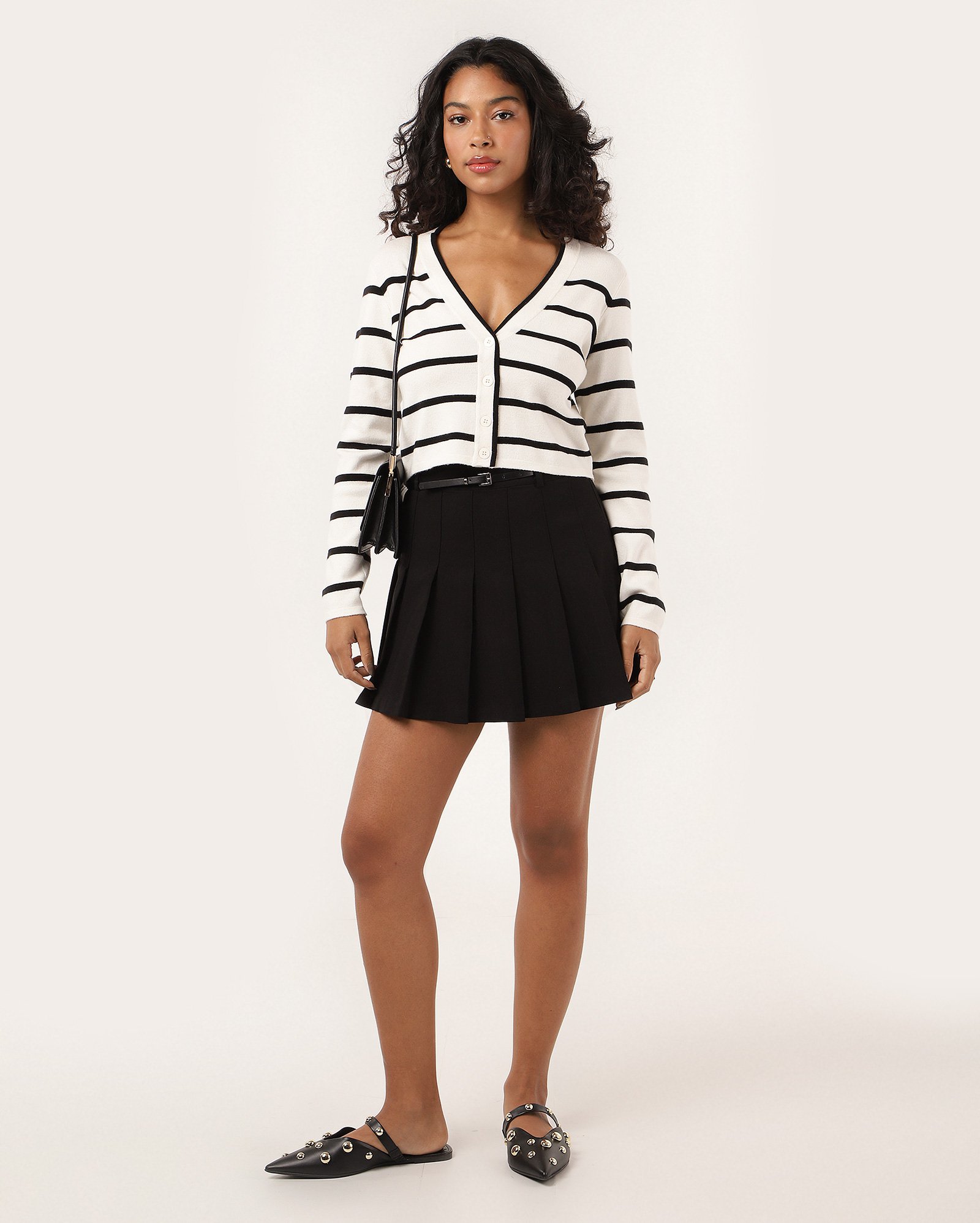 Cardigan cropped tricot decote v com botões listrado branco | Pool