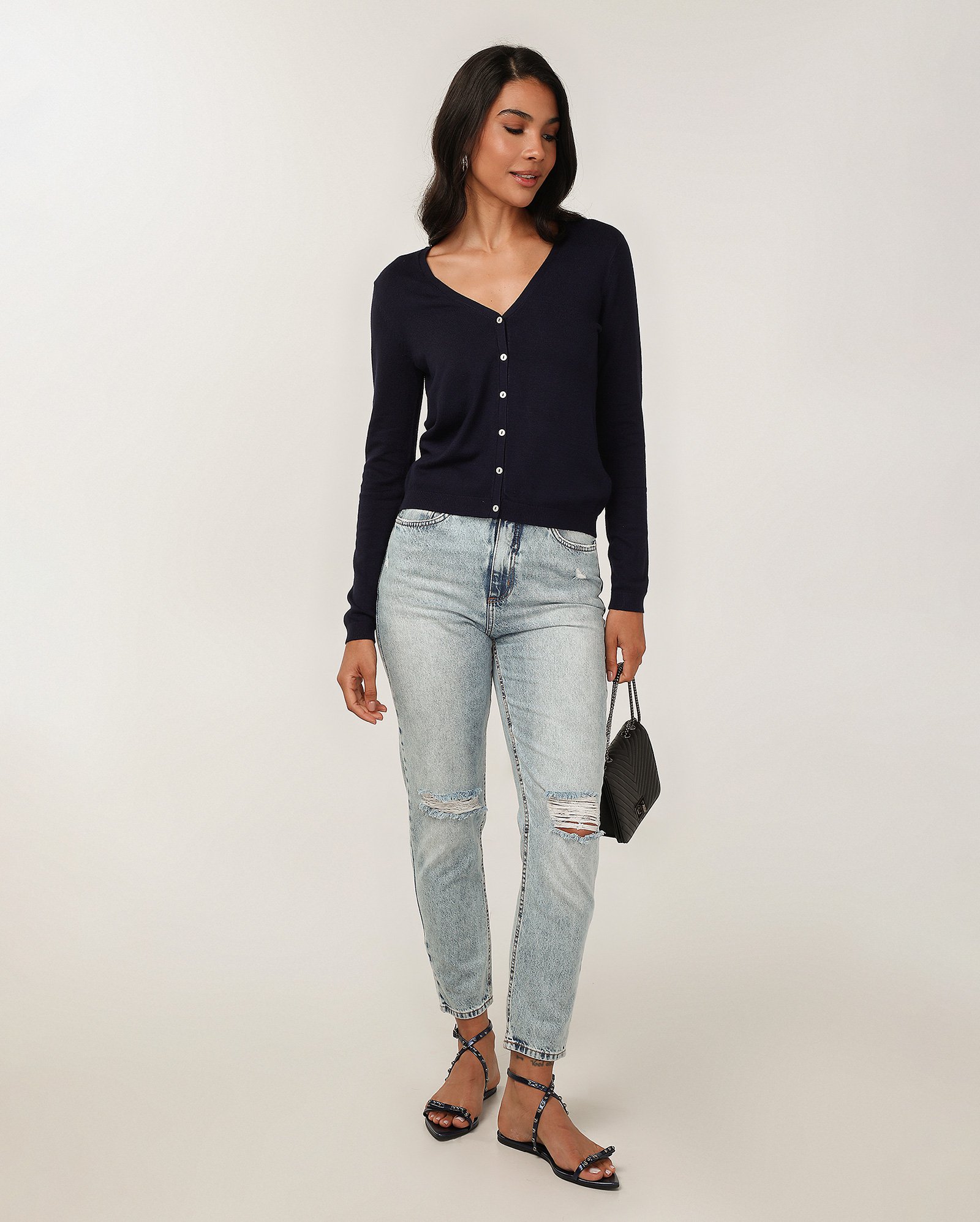 Cardigan feminino tricot decote V com botão - Azul Marinho