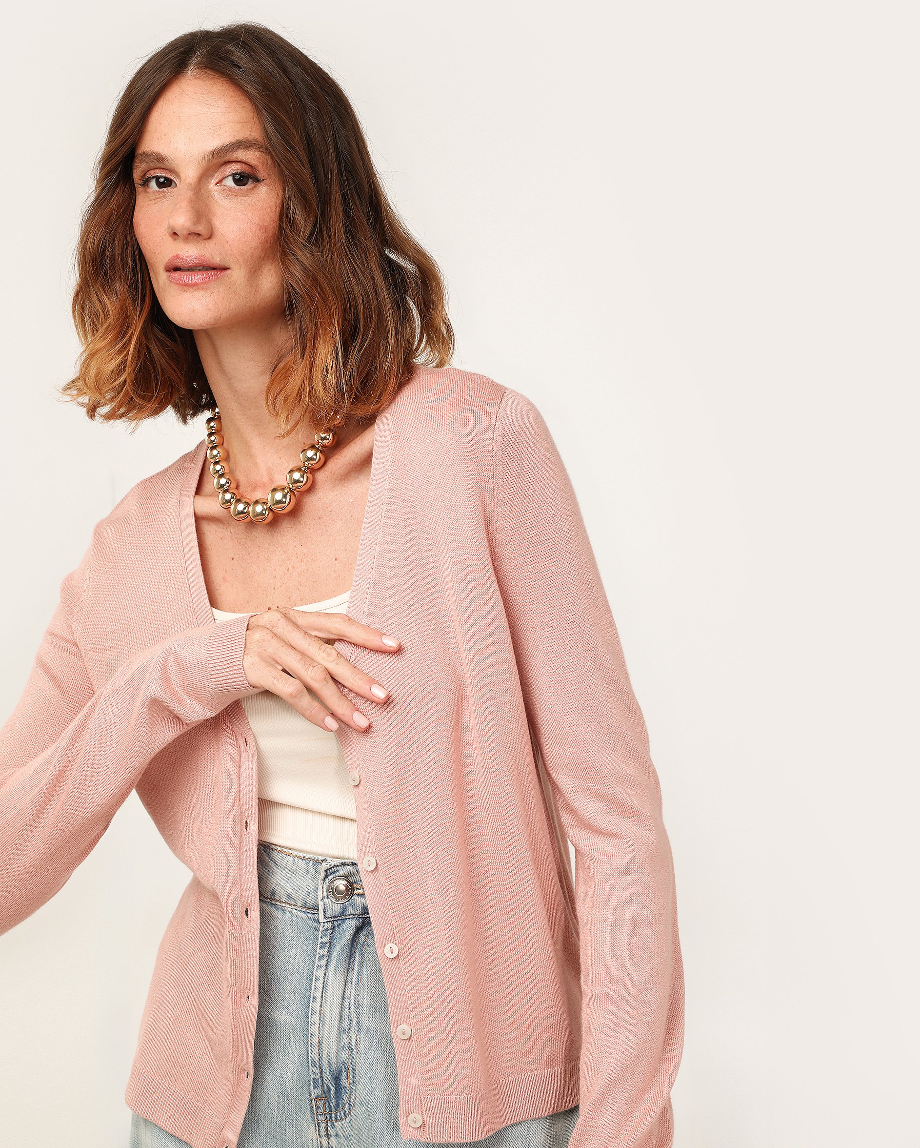 Cardigan feminino tricot decote V com botão - Rosa Claro Mescla
