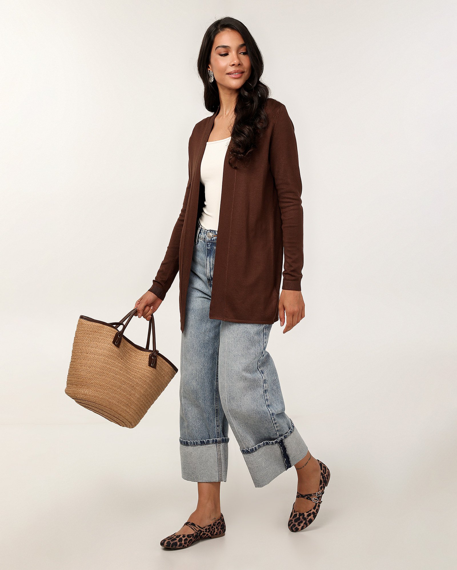 Cardigan feminino alongado com vista aberta - Marrom | Pool Basics