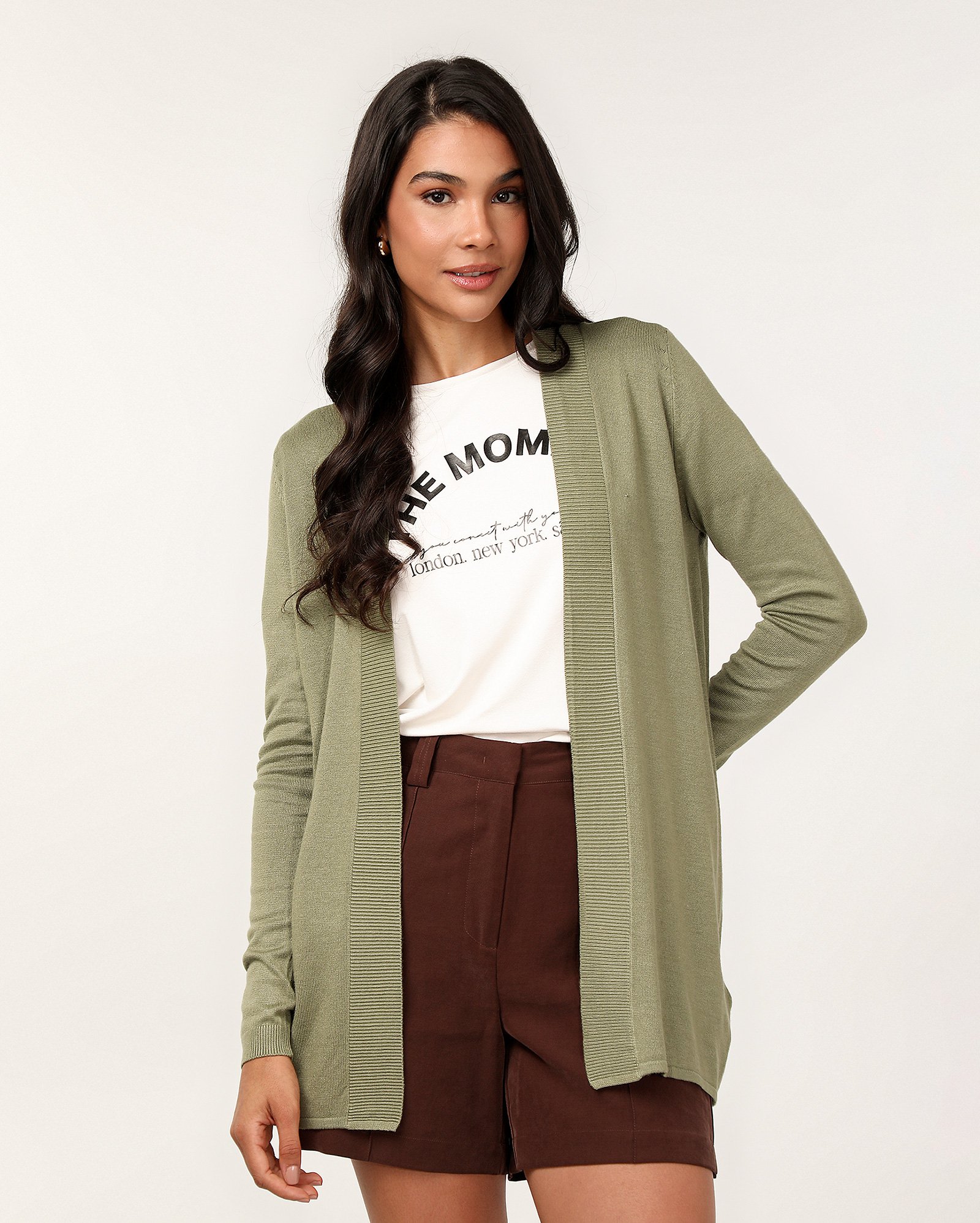 Cardigan feminino alongado com vista aberta - Verde Musgo | Pool Basics