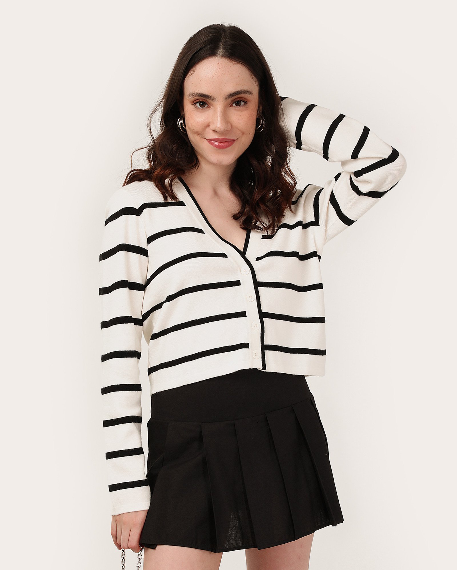 Cardigan cropped com botões listrado branco | Pool