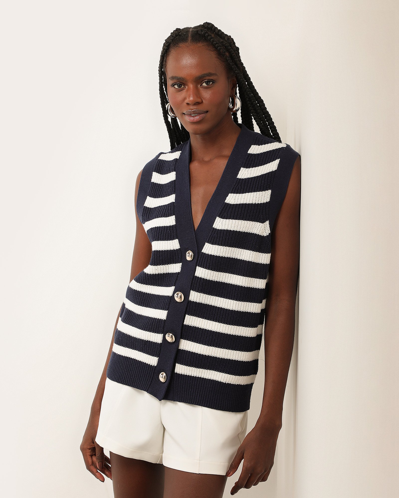 Colete feminino alongado de tricot - Azul Escuro