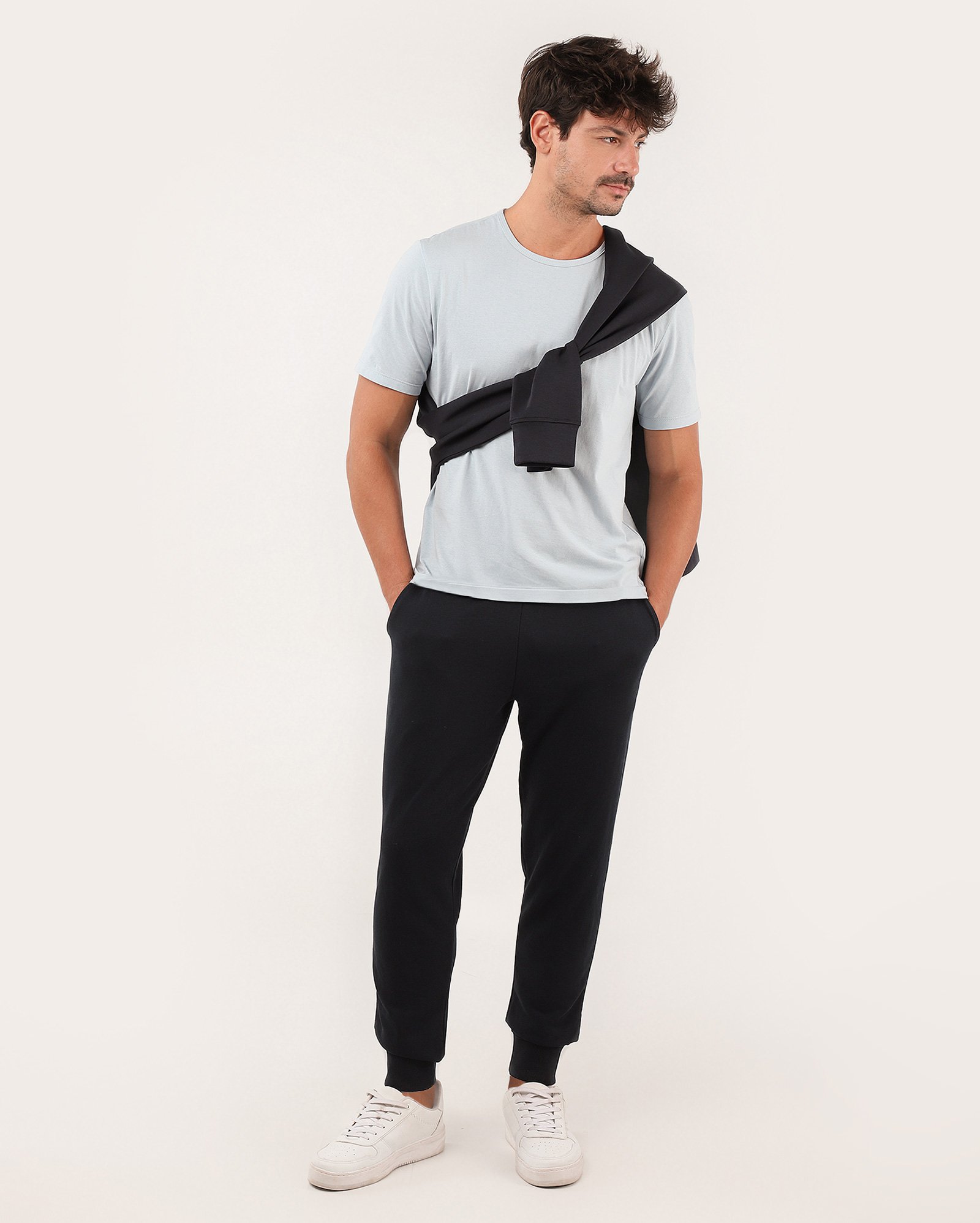 Calça de moletom masculina jogger cós elástico e amarração - Azul Escuro