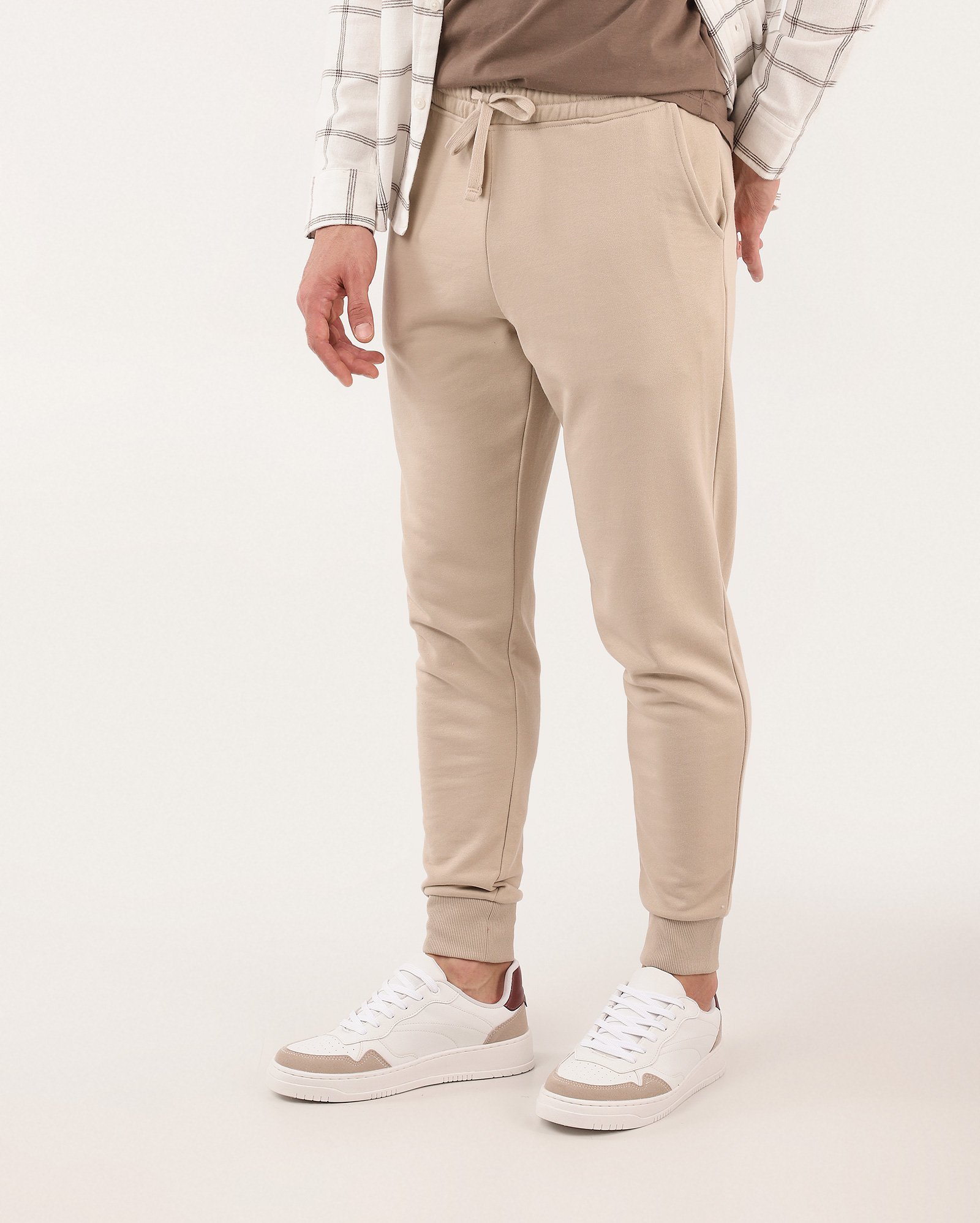 Calça de moletom masculina jogger cós elástico e amarração - Bege Claro