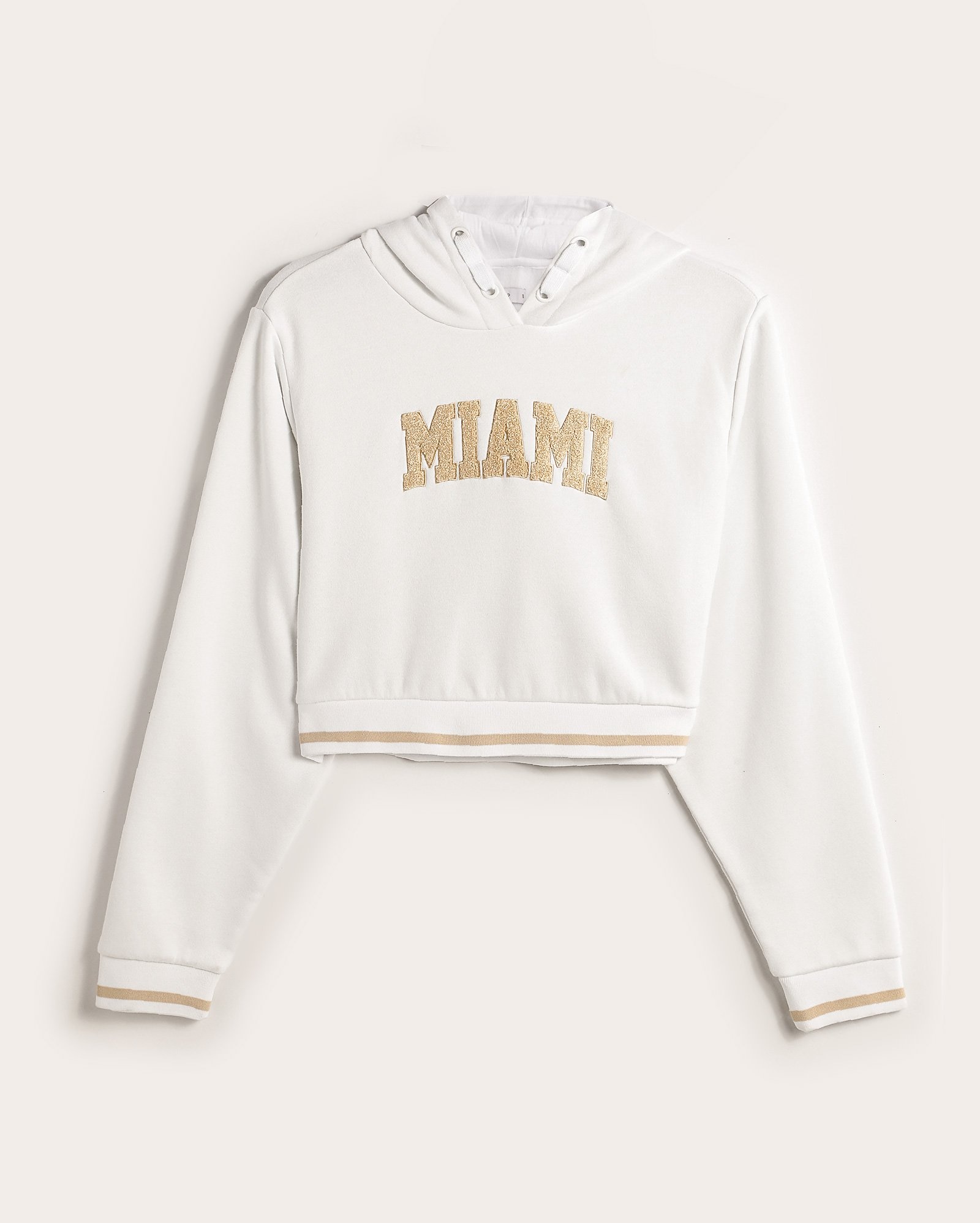 Blusa de moletom cropped juvenil Miami com felpa e capuz branca | Pool