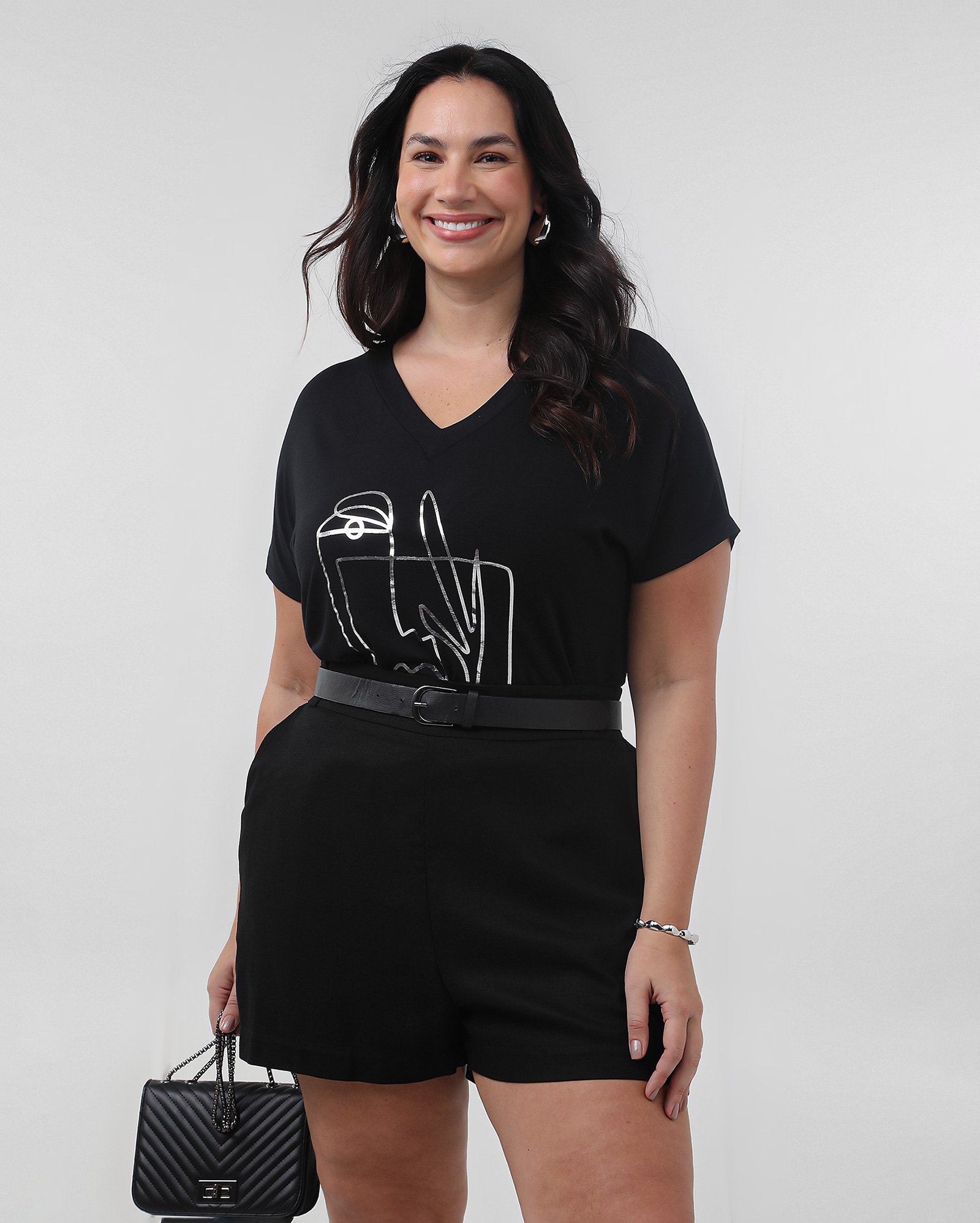Blusa plus size feminina estampa metalizada preta | AK Plus by Riachuelo