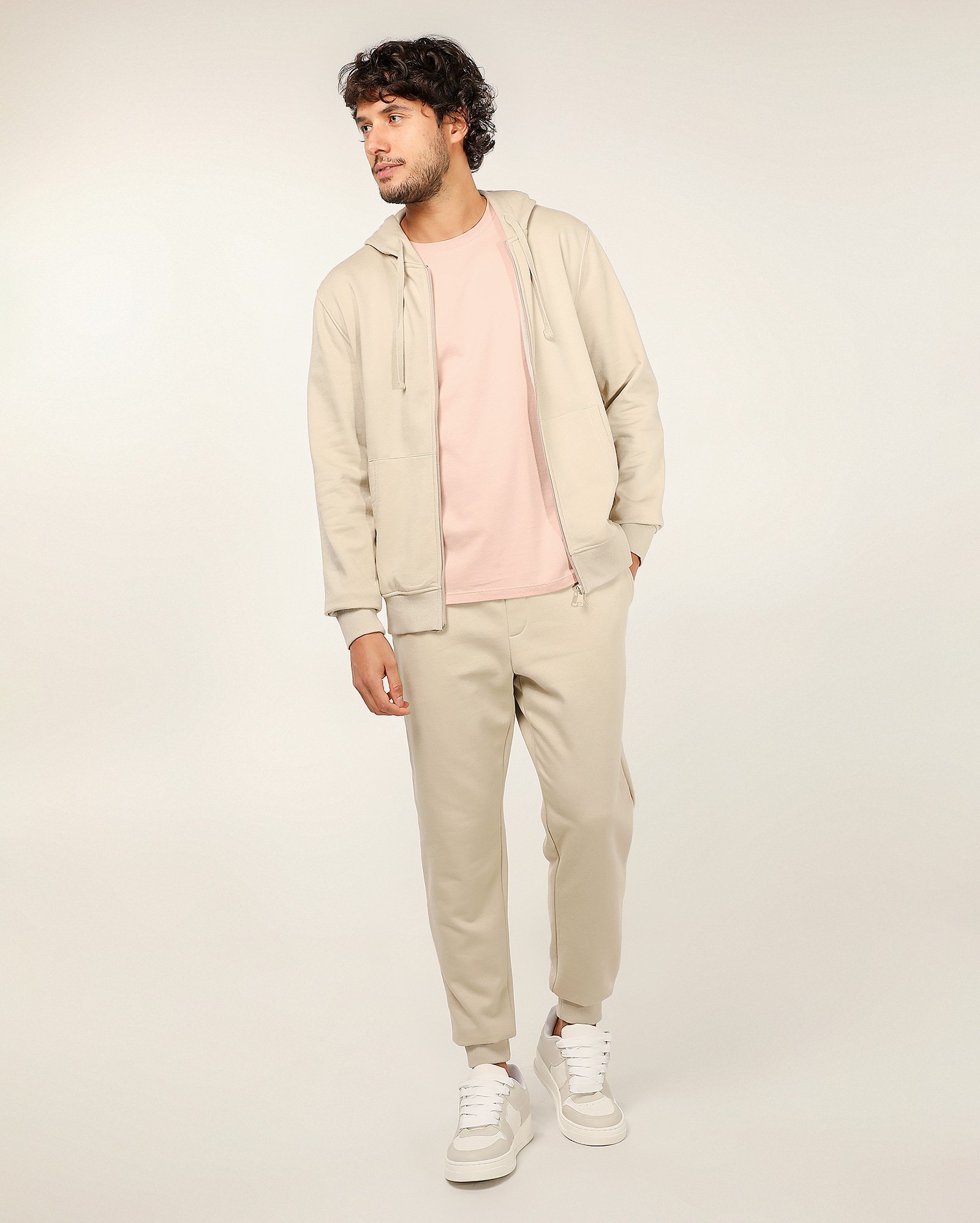 Calça de moletom masculina jogger com felpa cós elástico - Bege Claro | Pool Basics