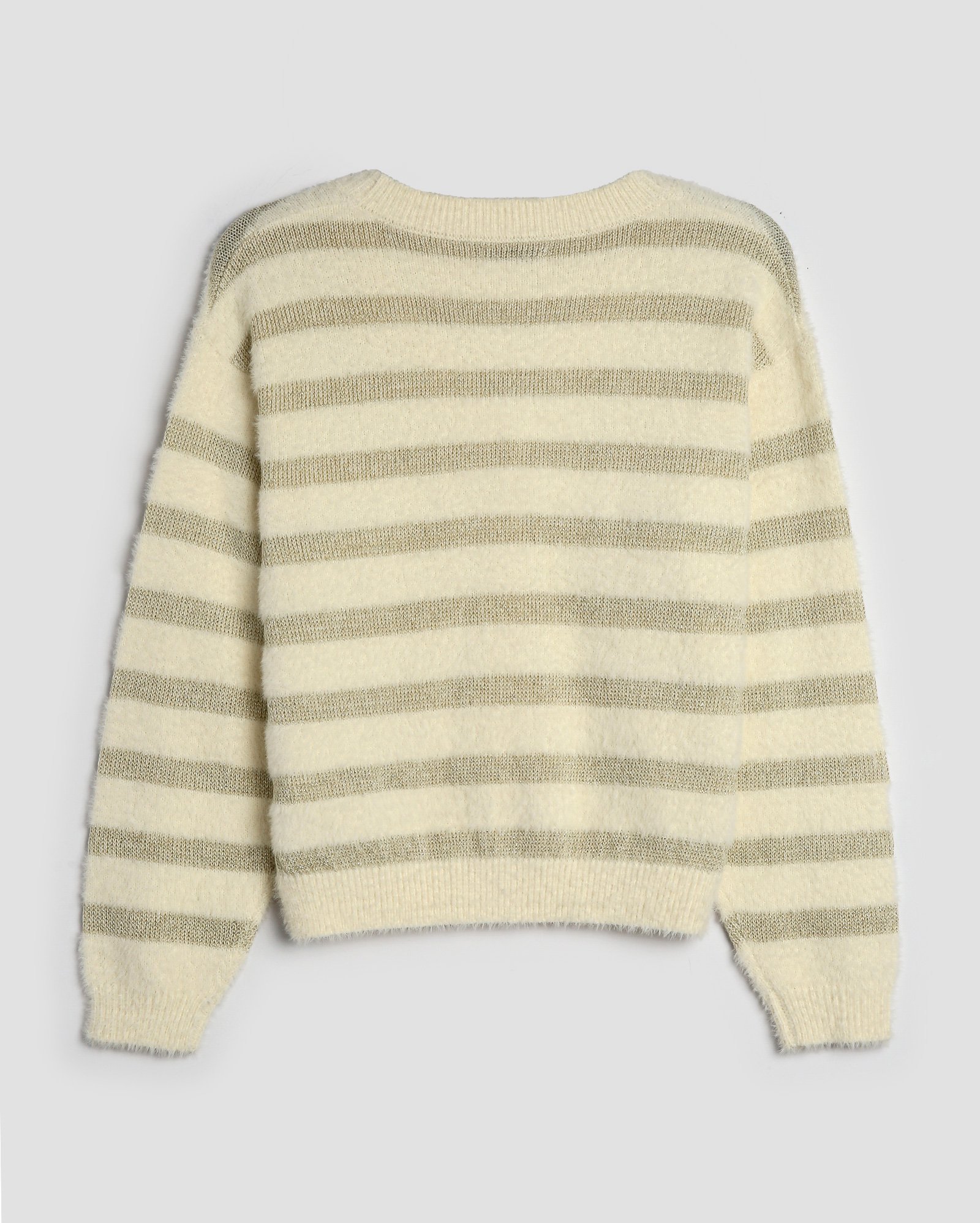 Cardigan cropped juvenil peluciado listras com brilho bege | Pool