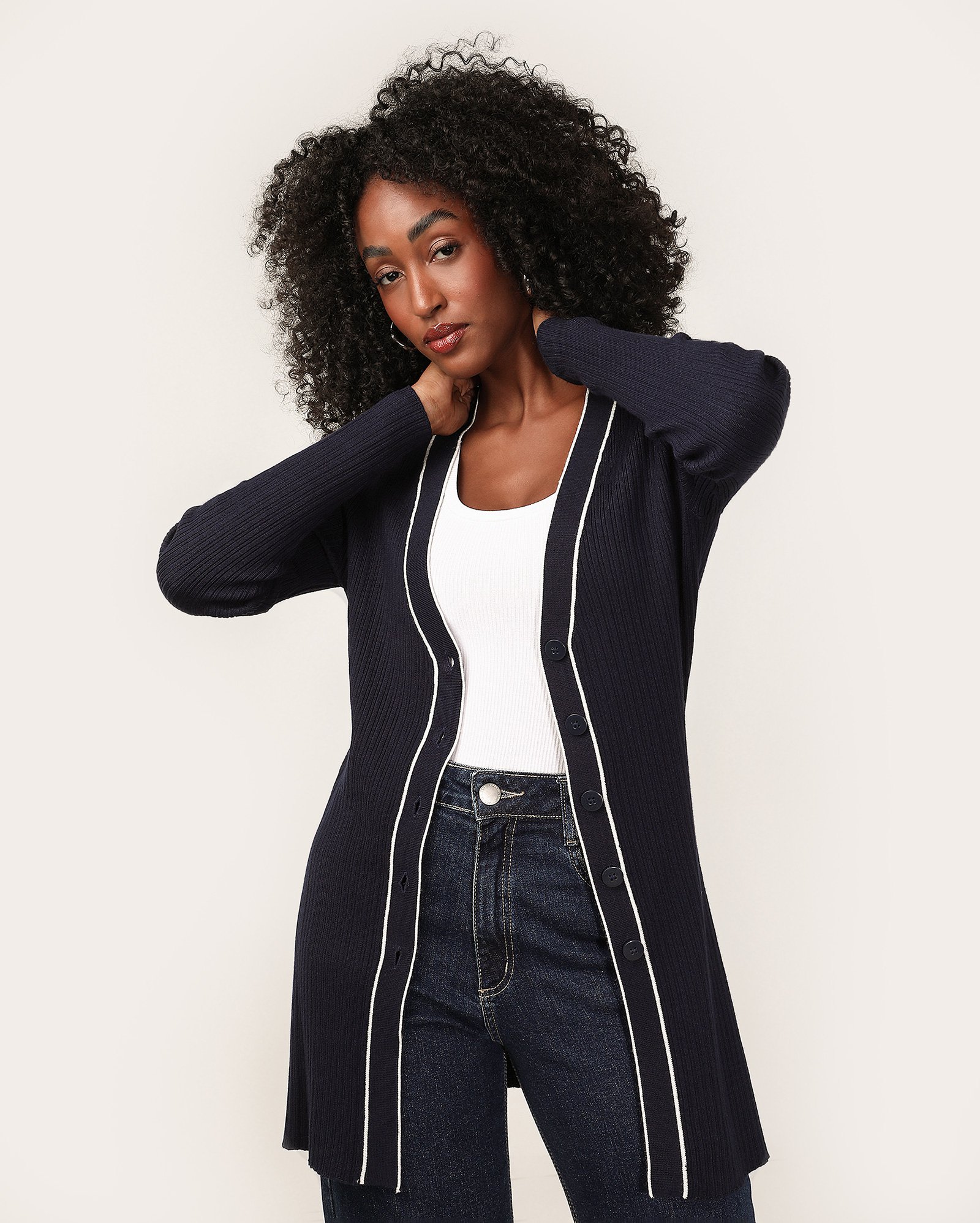 Cardigan feminino com listras de tricot canelado - Azul Escuro