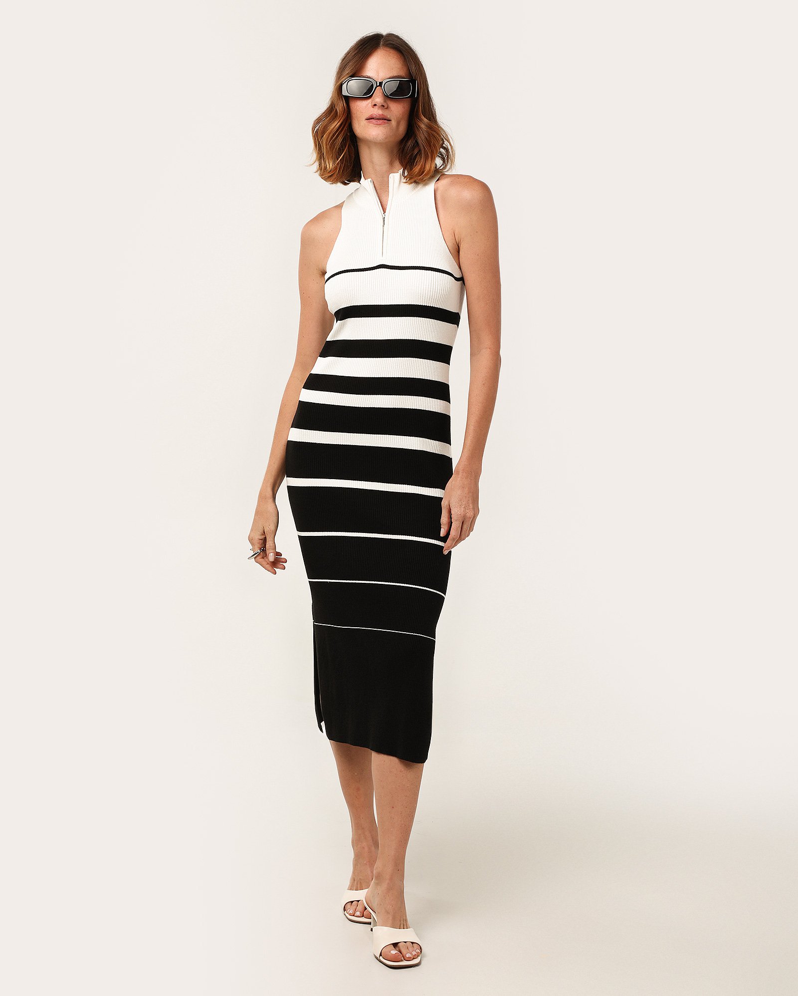 Vestido midi canelado com listras e zíper - Multicor
