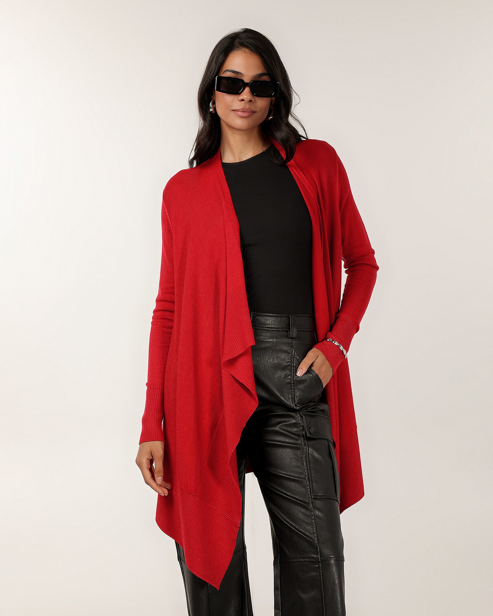 Cardigan feminino em tricot aberto com ponta - Vermelho — foto 5