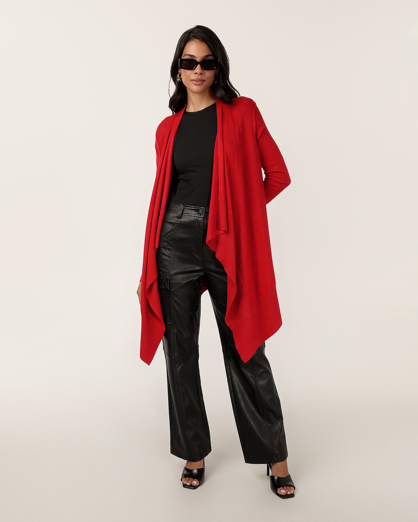 Cardigan feminino em tricot aberto com ponta - Vermelho — foto 2