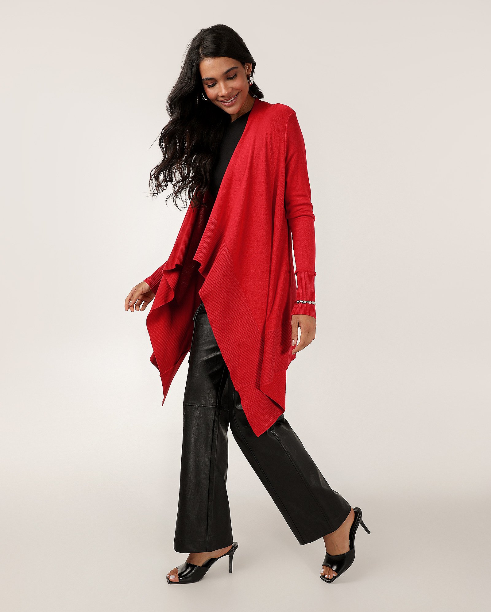Cardigan feminino em tricot aberto com ponta - Vermelho — foto 3
