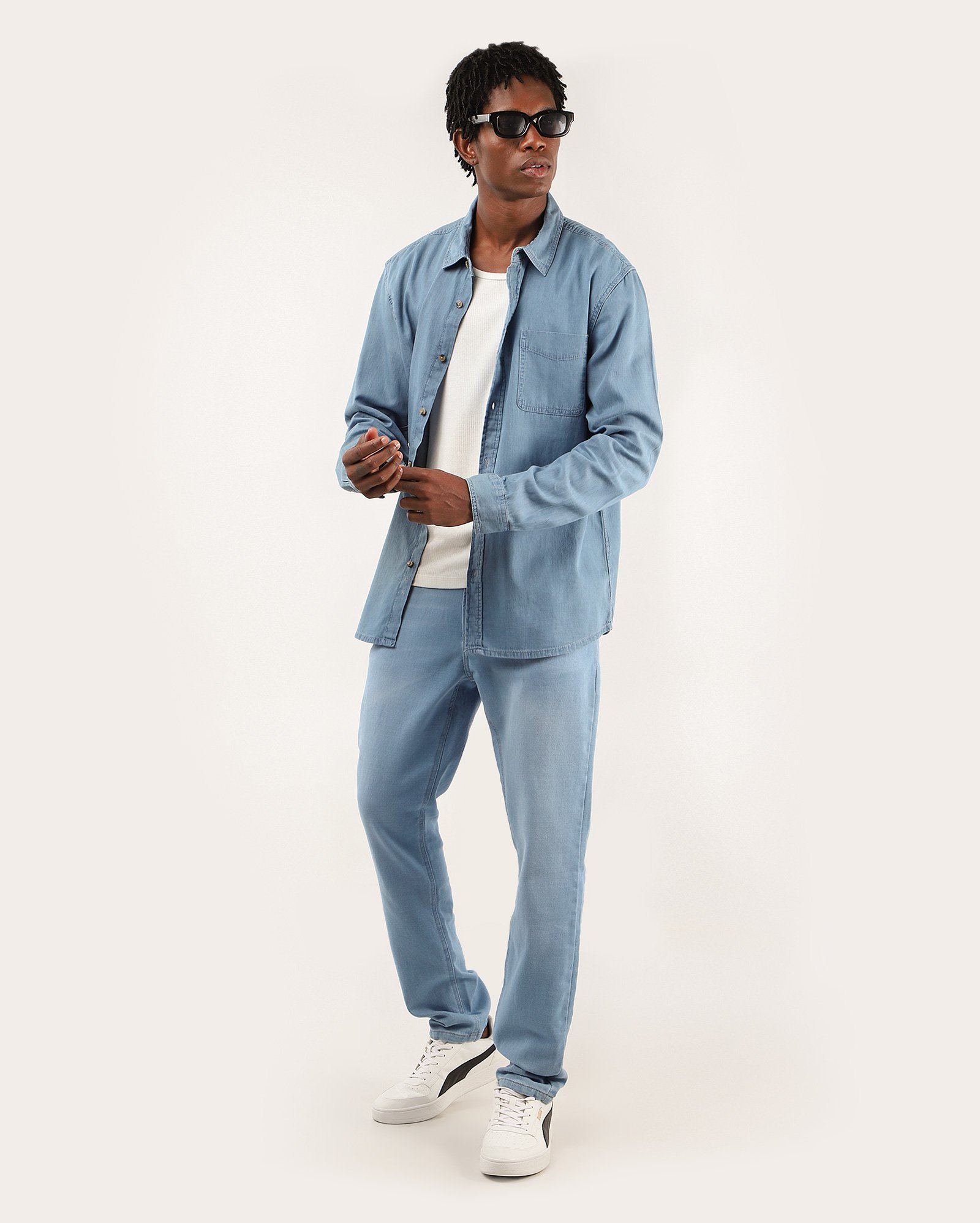 Camisa jeans masculina regular manga longa com bolso - Jeans Claro | Pool Jeans
