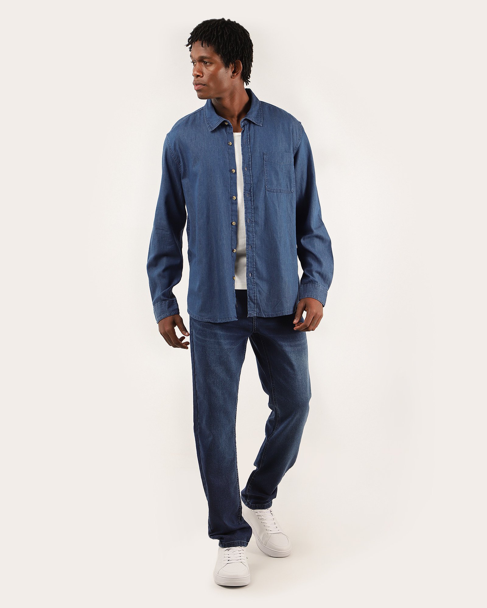 Camisa jeans masculina regular manga longa com bolso - Jeans Médio | Pool Jeans