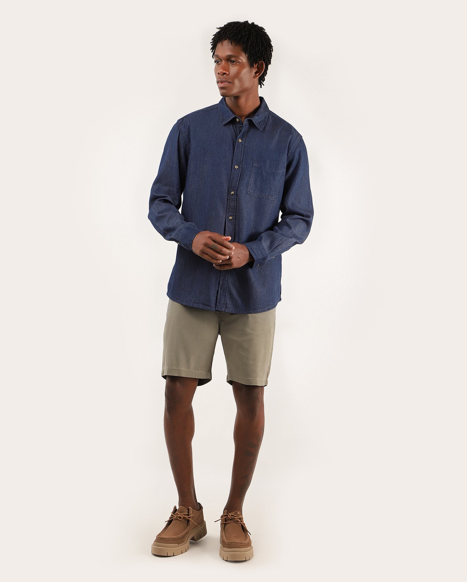 Camisa jeans masculina regular manga longa com bolso - Jeans Escuro | Pool Jeans