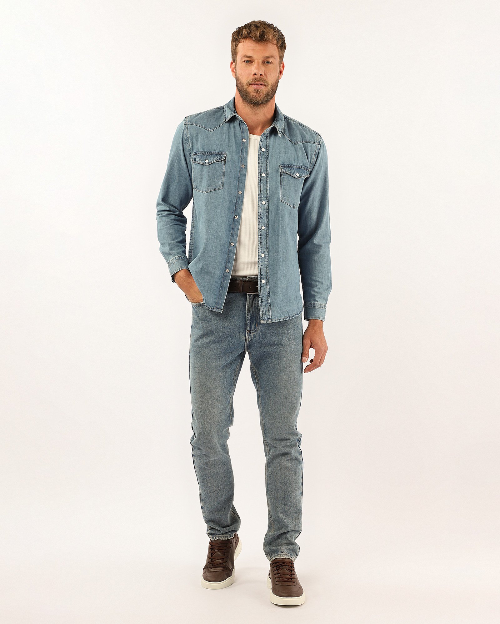 Camisa jeans masculina regular western com bolsos - Jeans Médio | Pool Jeans