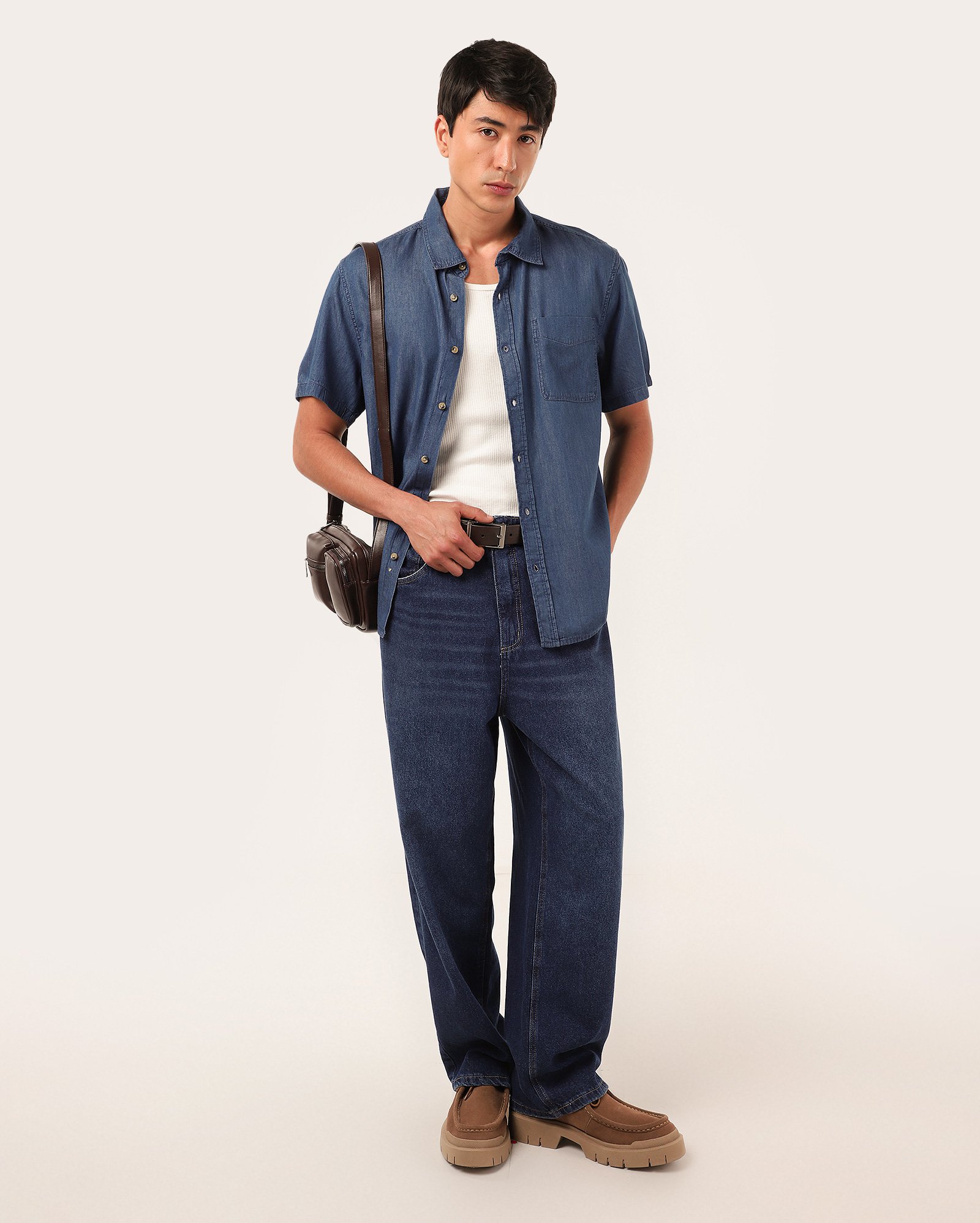 Camisa jeans masculina com bolso denim escuro | Pool Jeans