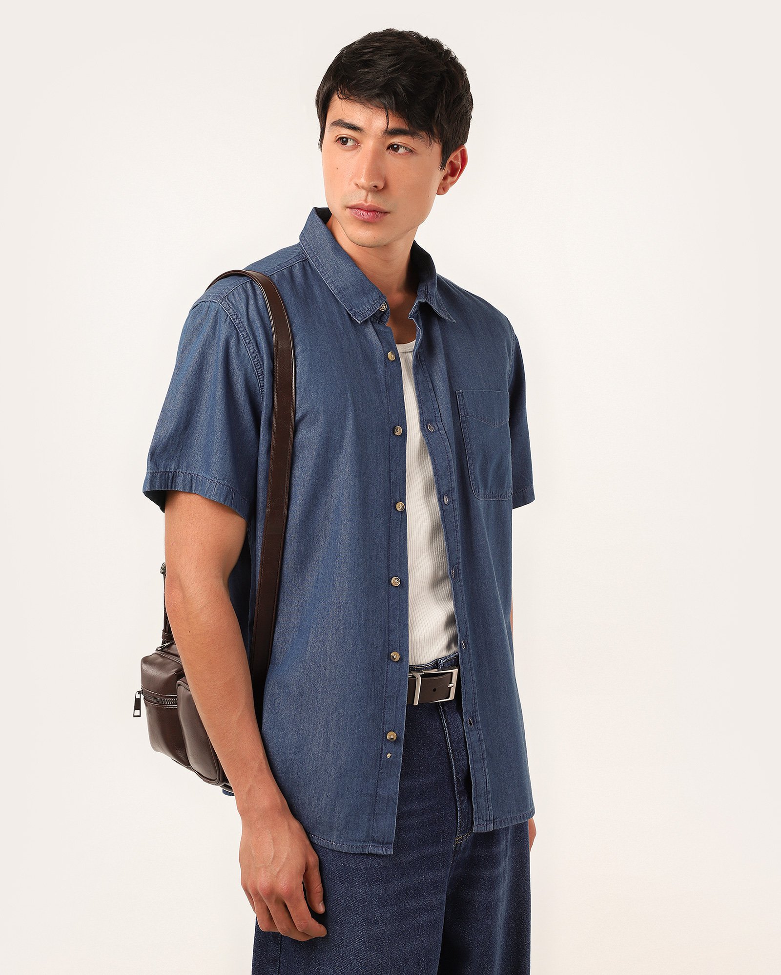 Camisa jeans masculina com bolso denim escuro | Pool Jeans