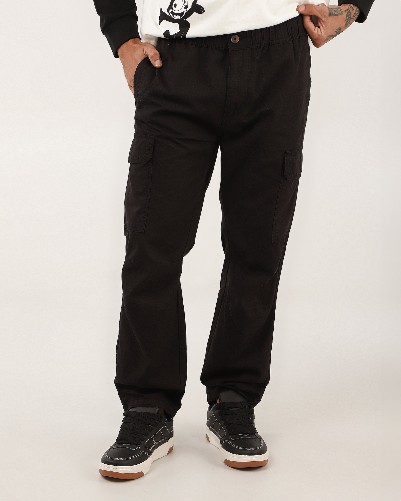 Calça jeans color masculina cargo cós de elástico - Preto