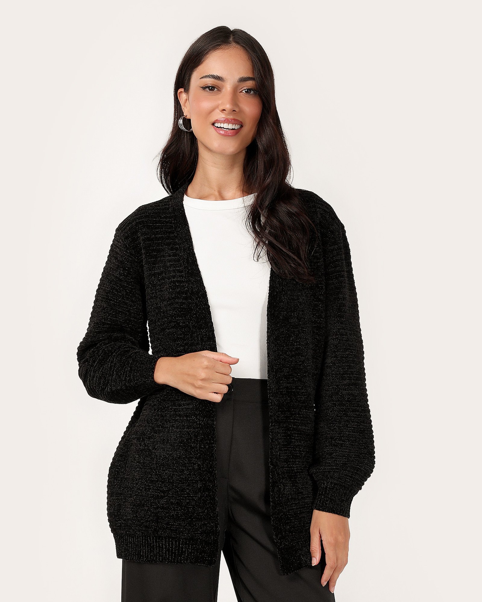 Cardigan feminino alongado texturizado - Preto
