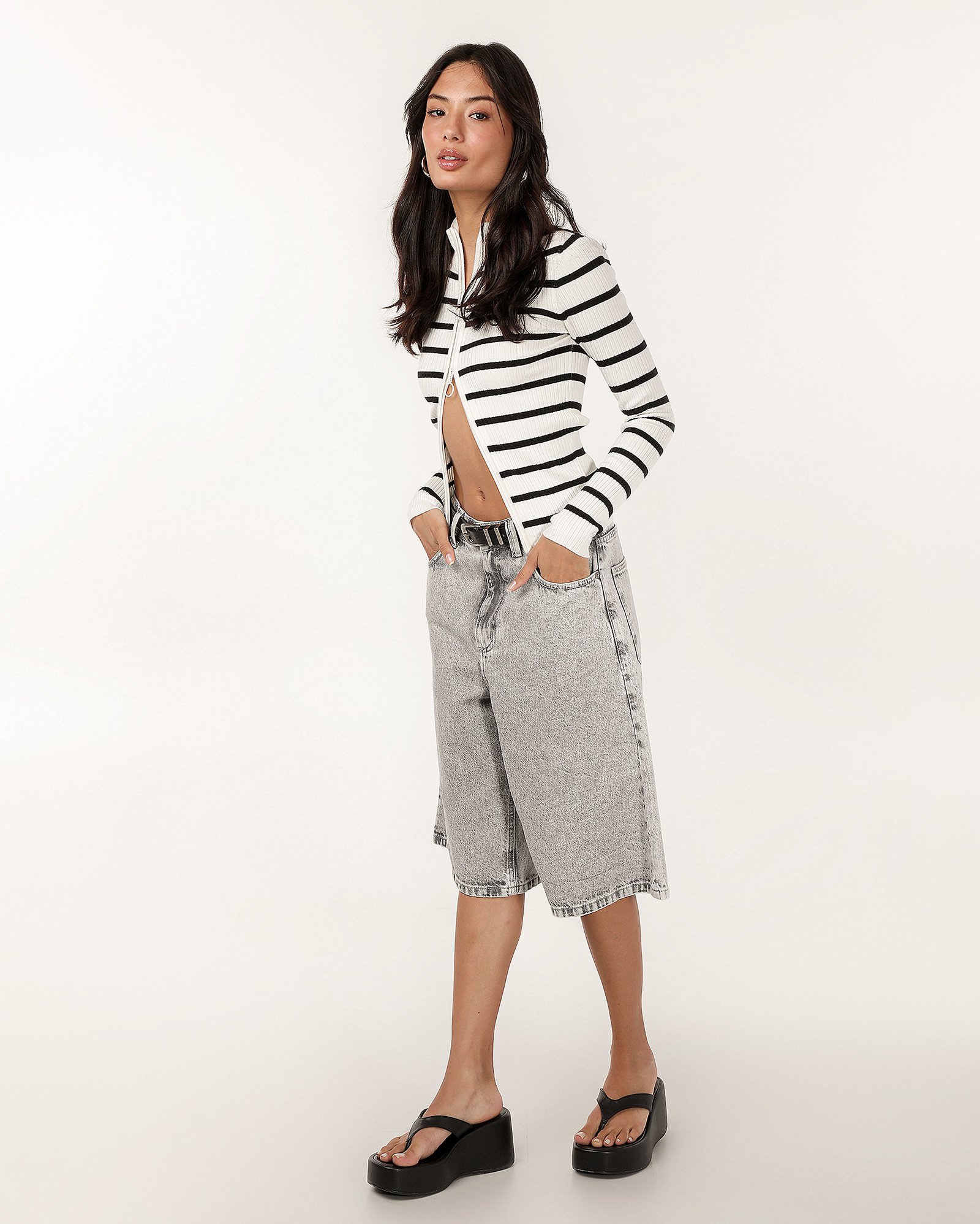 Cardigan feminino listrada canelado gola alta zíper duplo branco | Pool