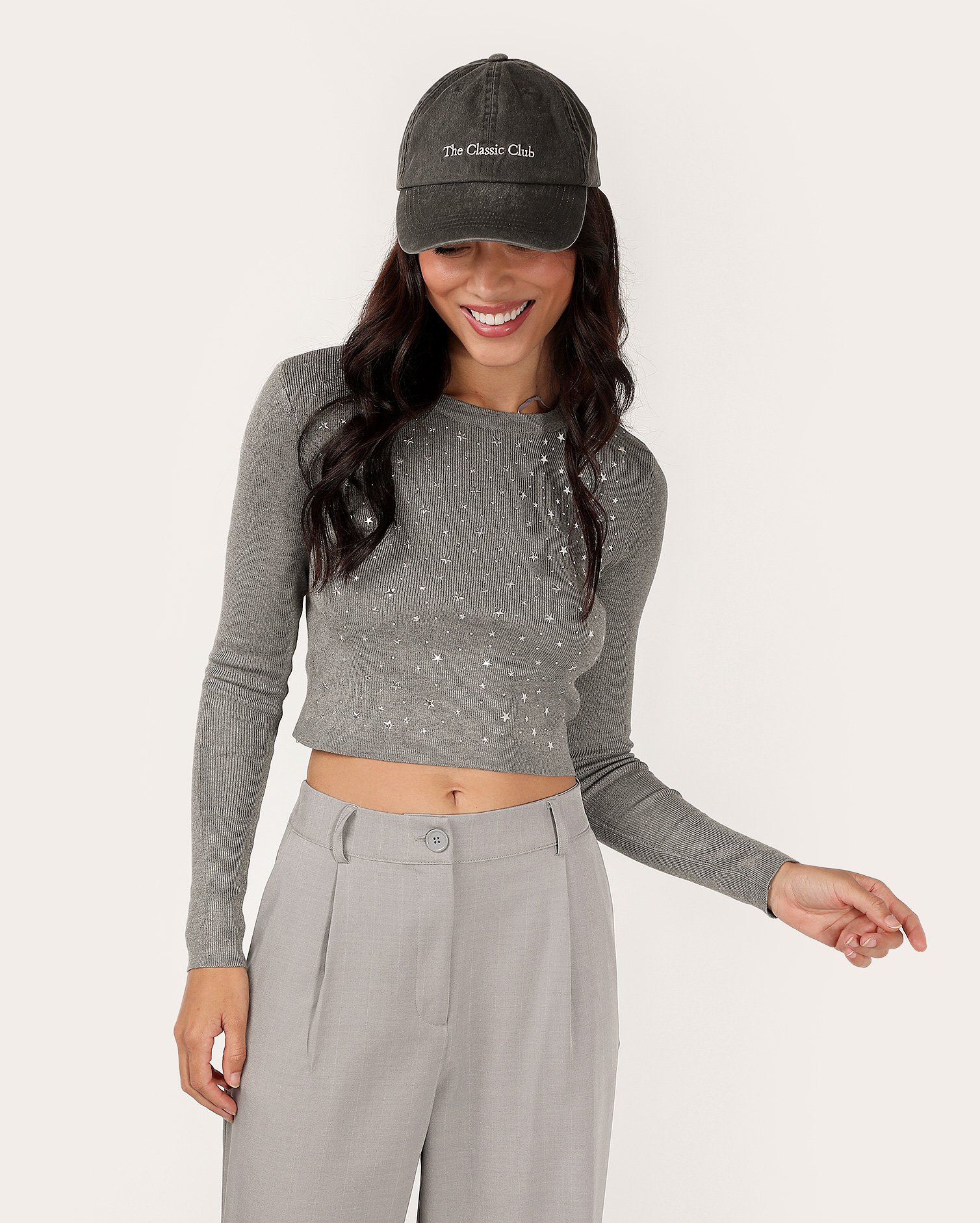 Blusa cropped de tricot com aplicações cinza | Pool