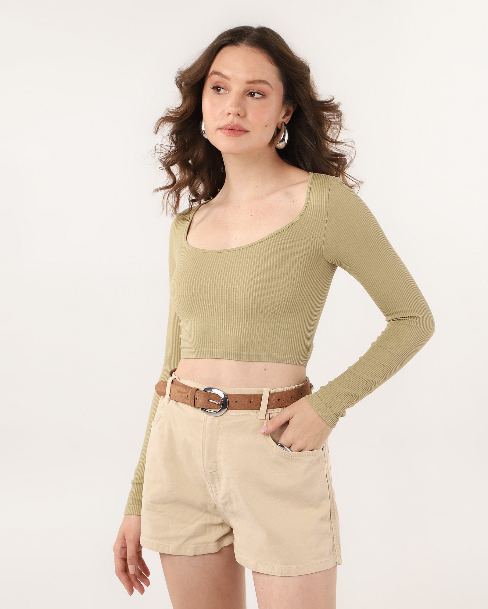 Blusa cropped Francisca em poliamida canelada sem costura - Verde Claro | Pool Basics