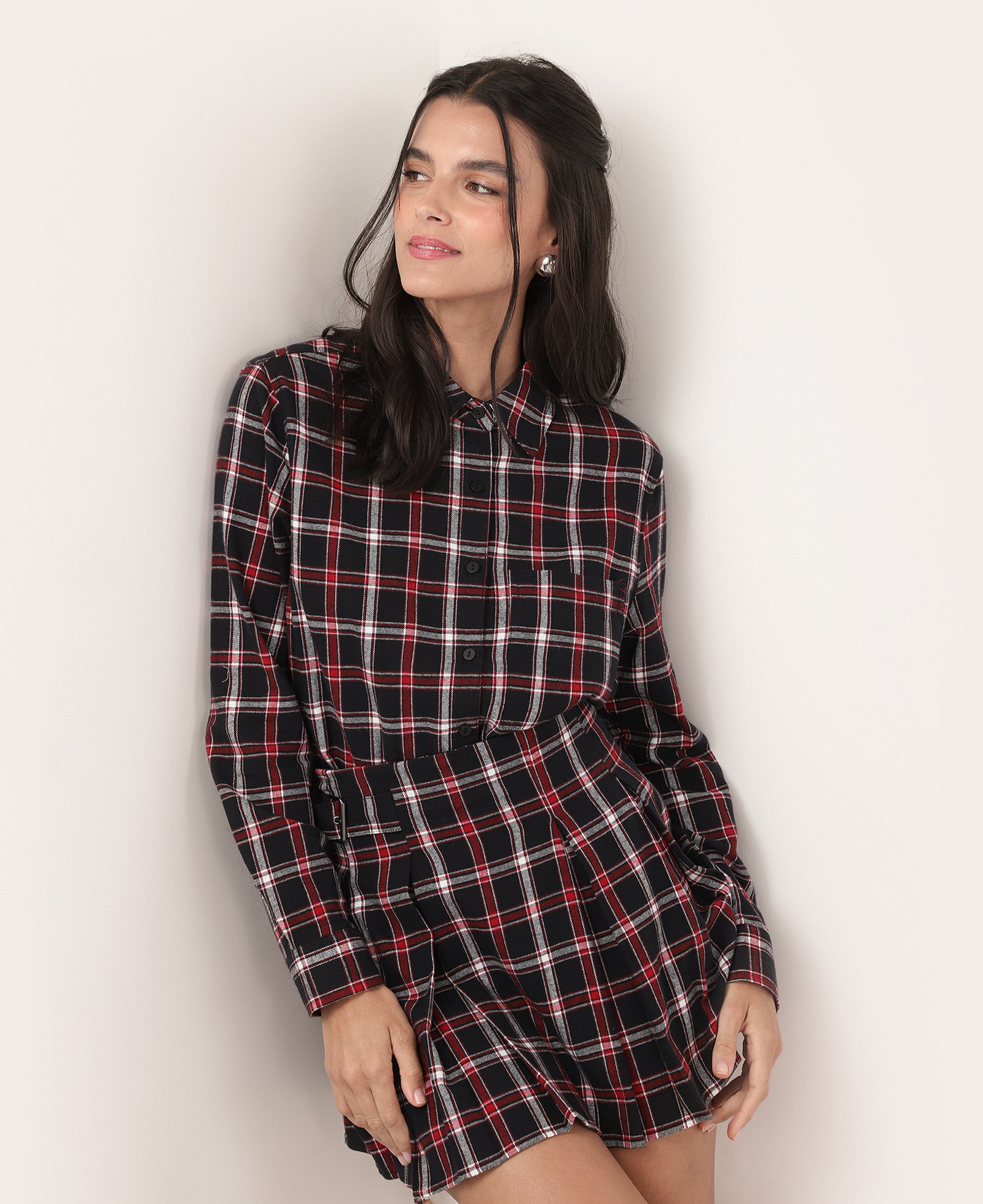 Camisa feminina xadrez com bolso preta | Pool