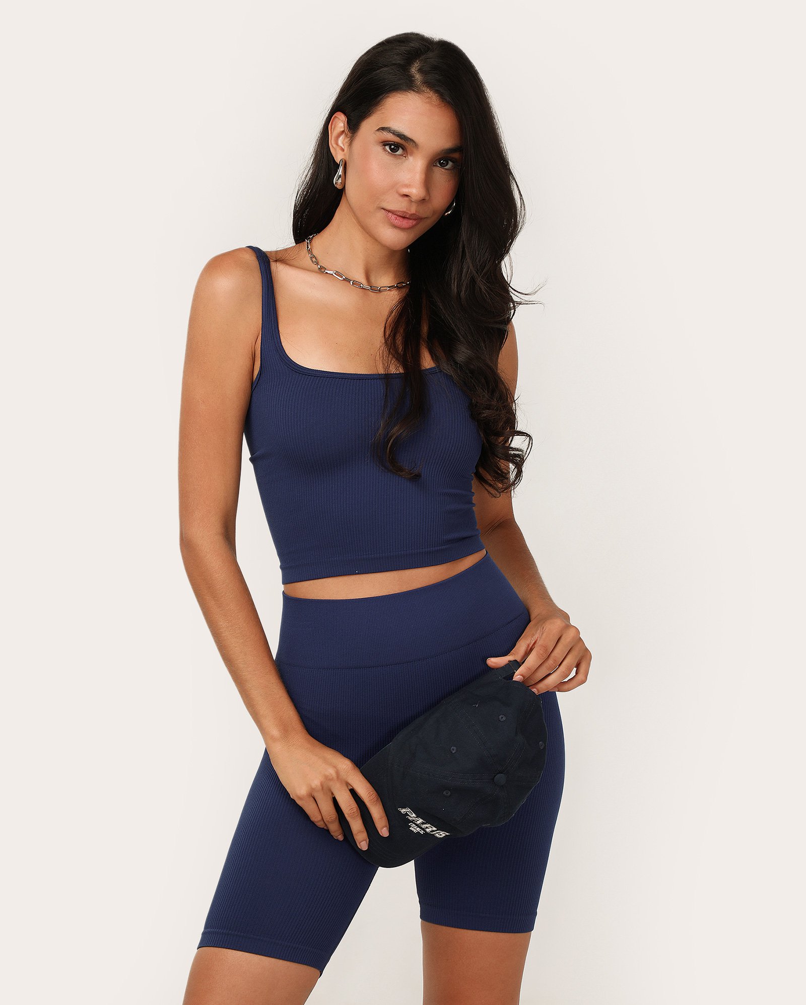 Bermuda feminina ciclista poliamida canelada sem costura - Azul Escuro