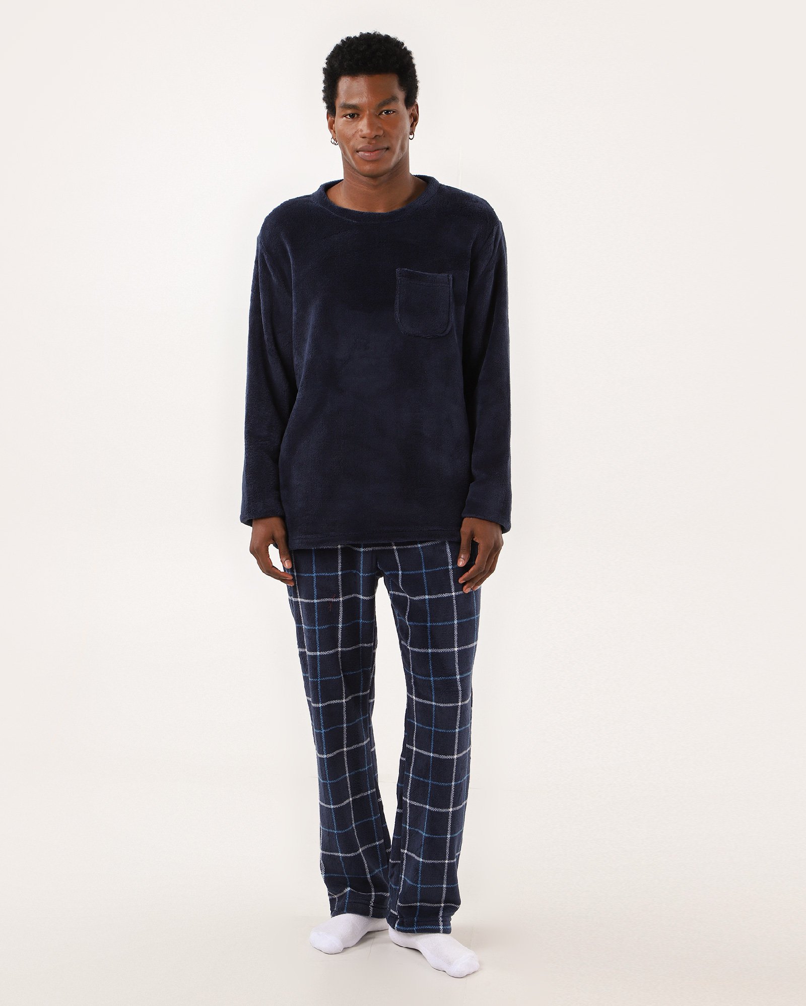 Pijama longo masculino fleece xadrez com bolso azul | Riachuelo